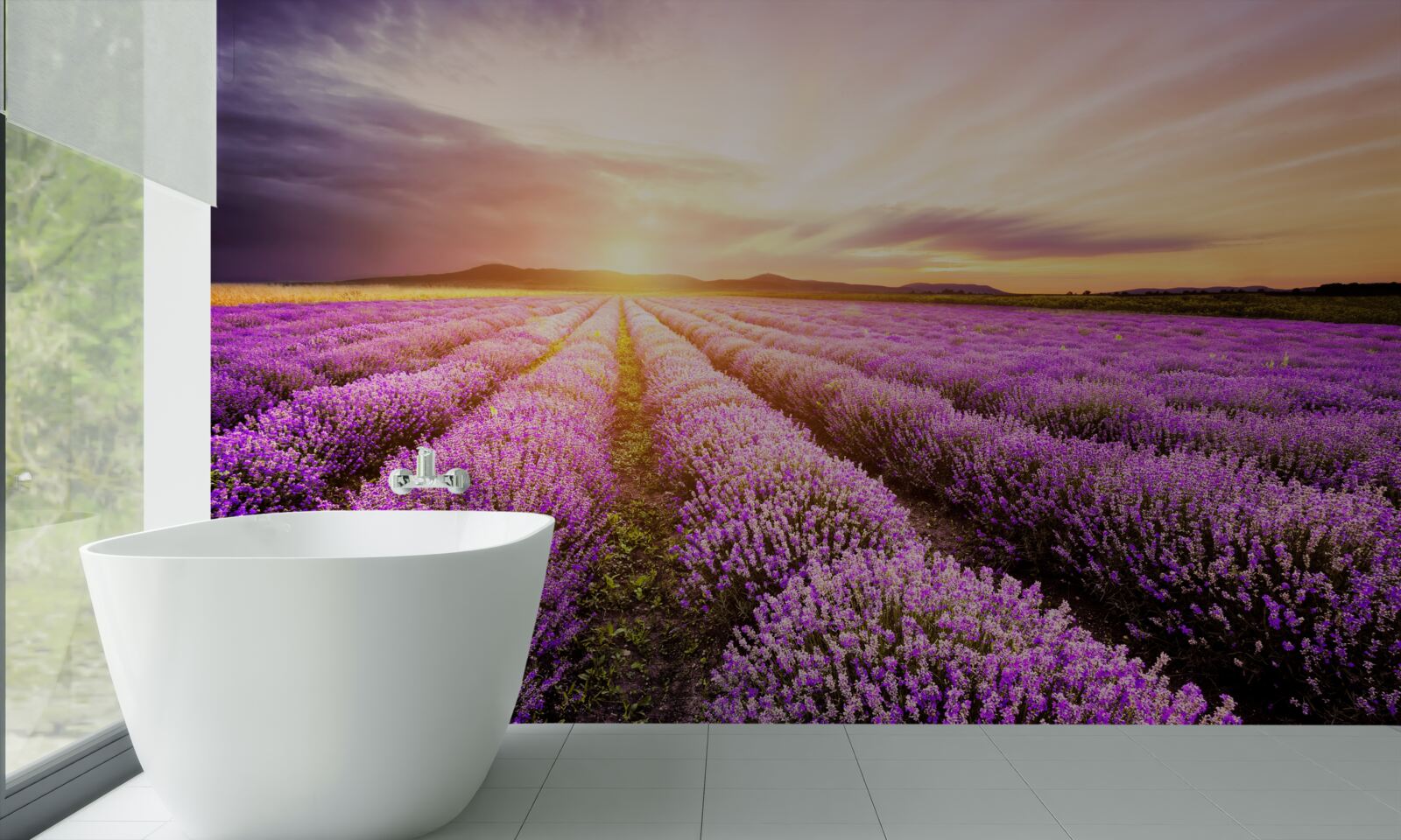 Fototapet apus de soare pe un câmp de lavandă