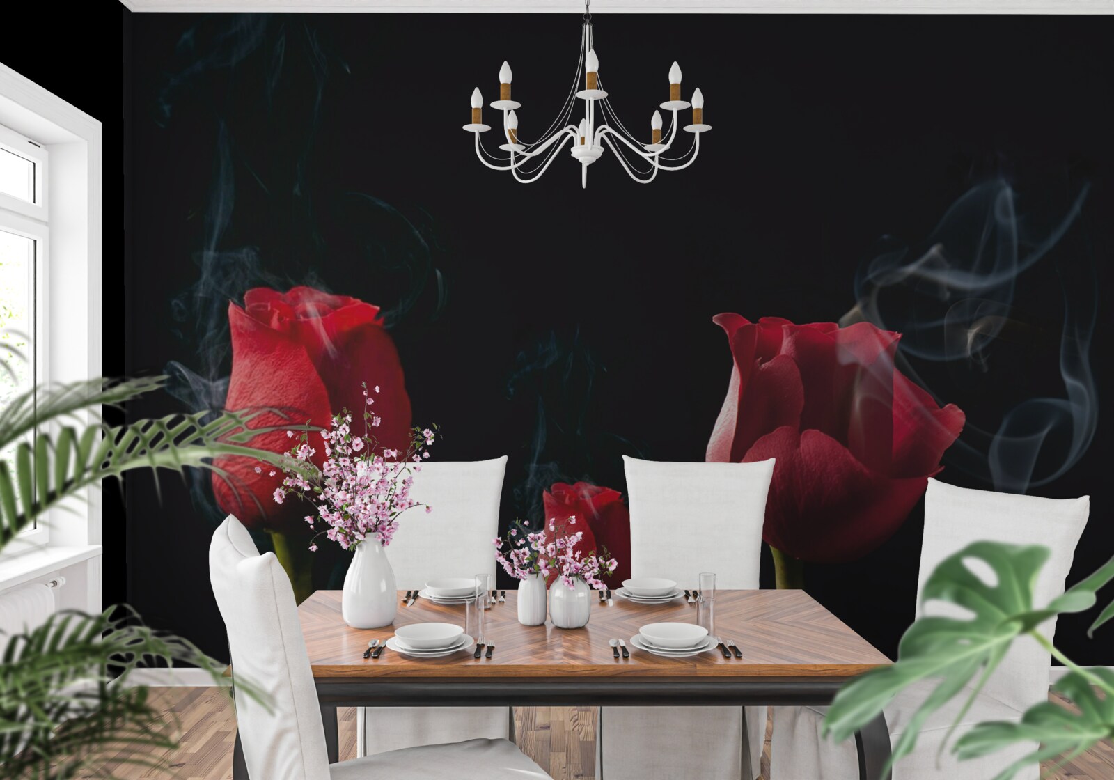 Fototapet un trandafir roșu înflorește în fum