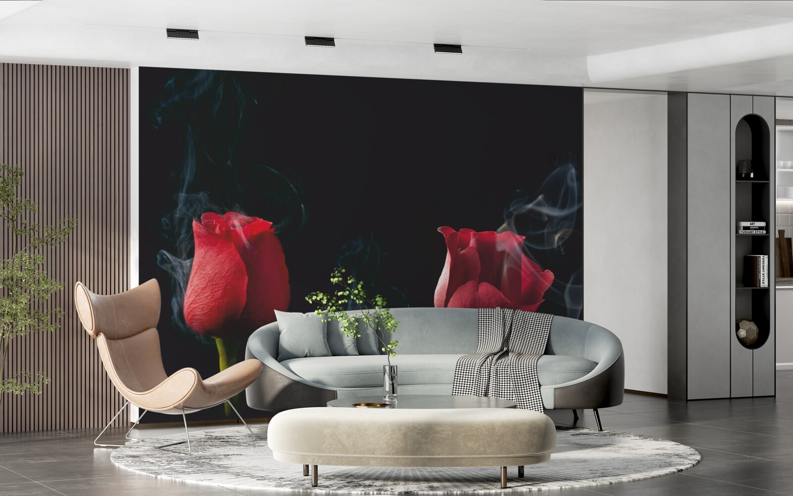 Fototapet un trandafir roșu înflorește în fum