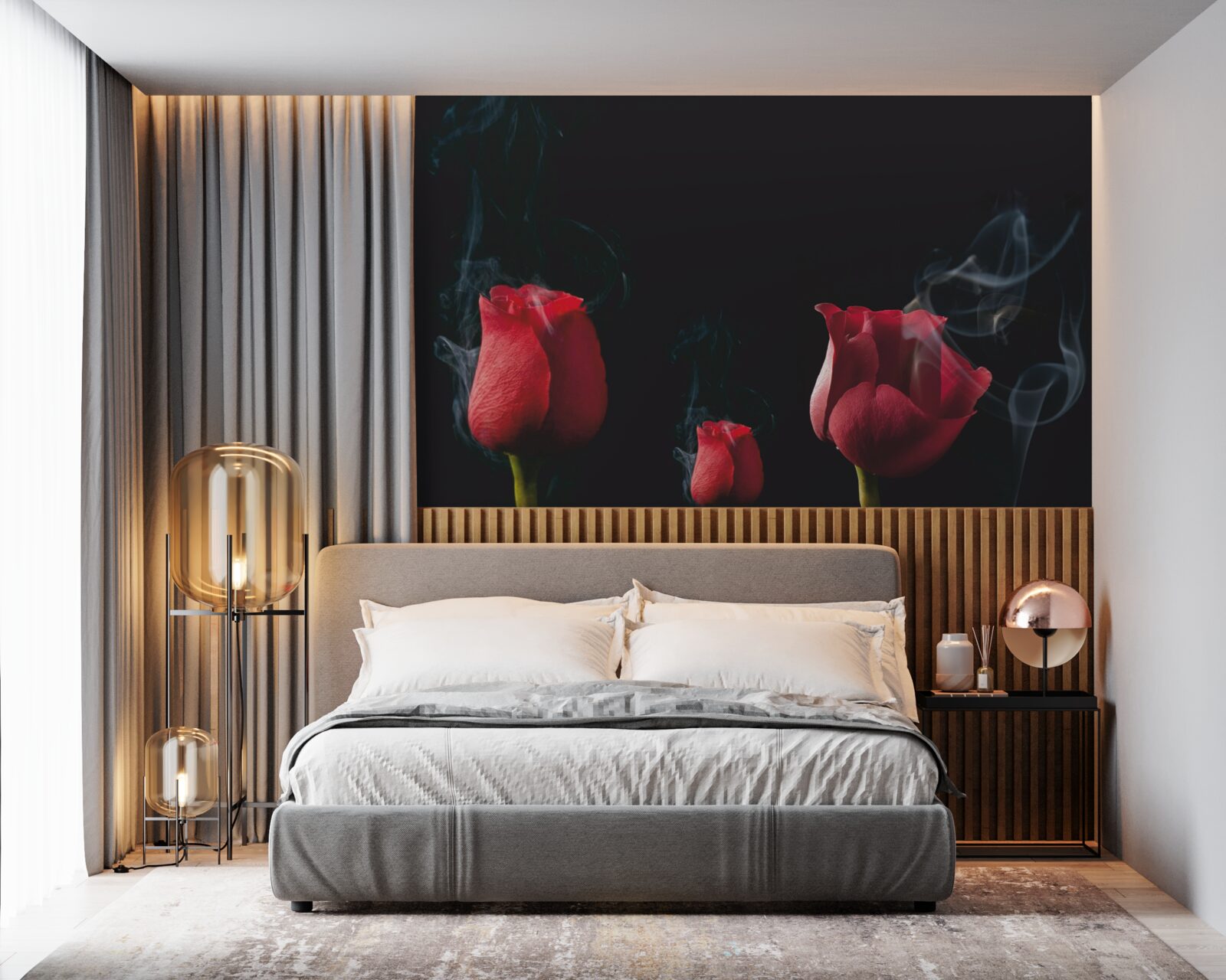 Fototapet un trandafir roșu înflorește în fum