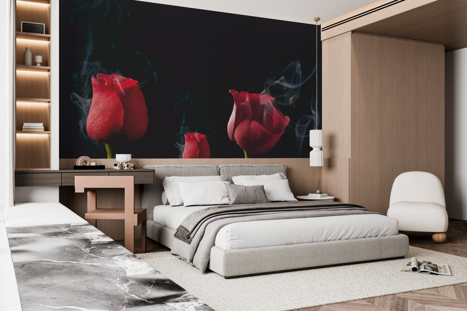 Fototapet un trandafir roșu înflorește în fum