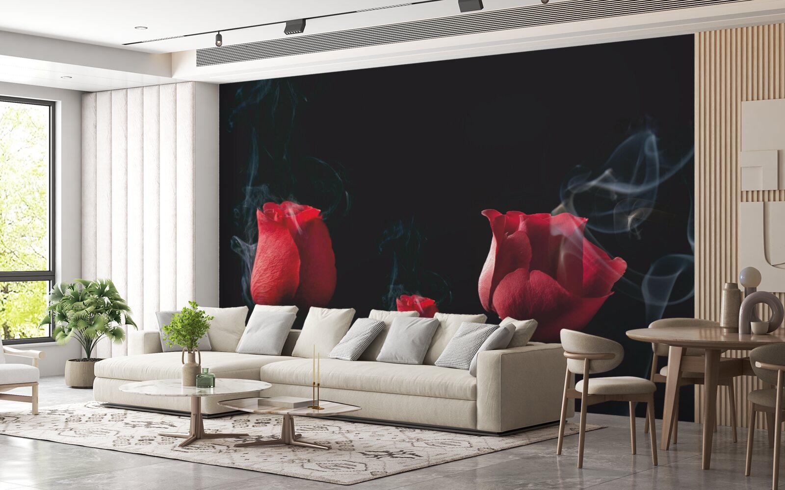 Fototapet un trandafir roșu înflorește în fum