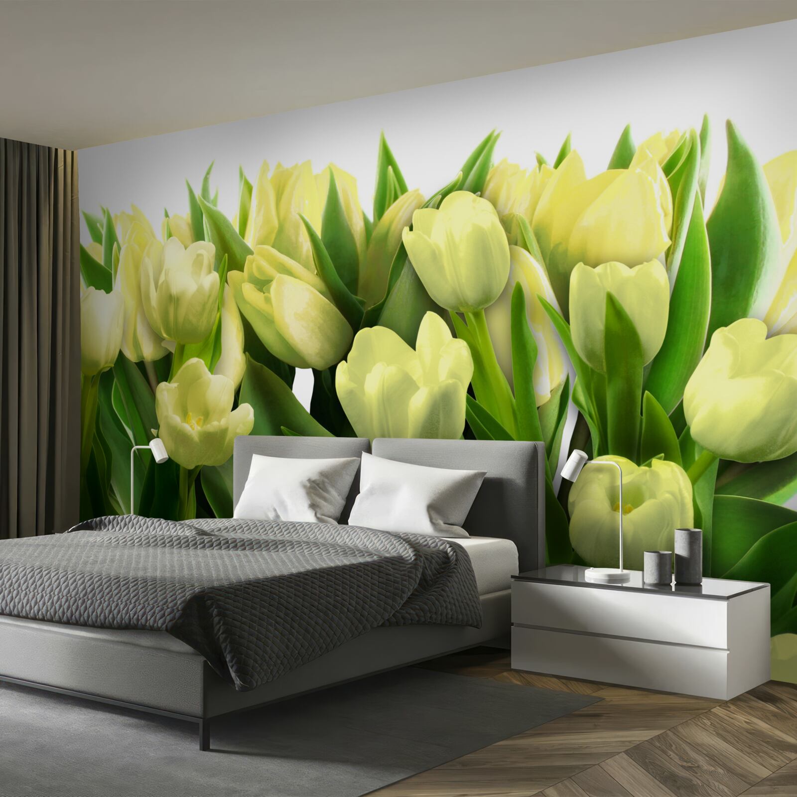 Fototapet Lalele galbene cu frunze verzi