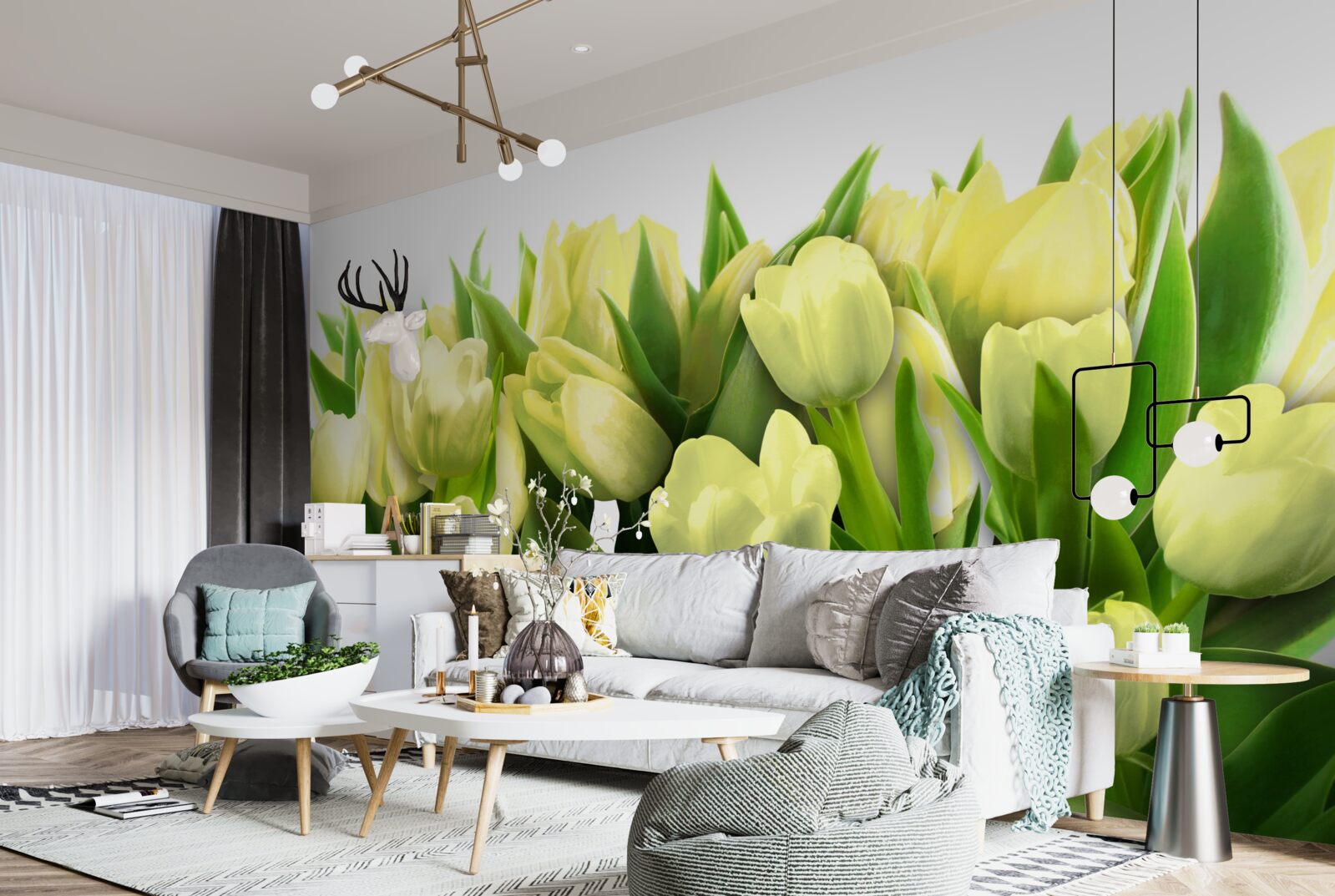 Fototapet Lalele galbene cu frunze verzi