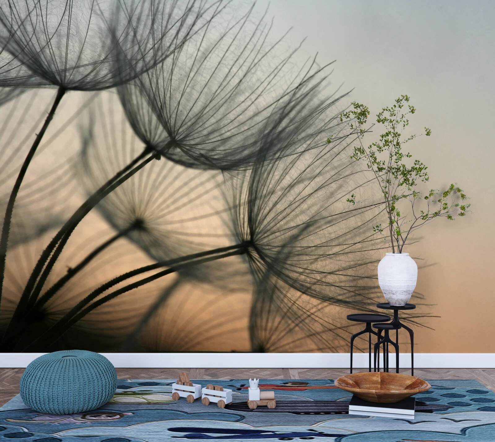 Fototapet apus de soare peste păpădii