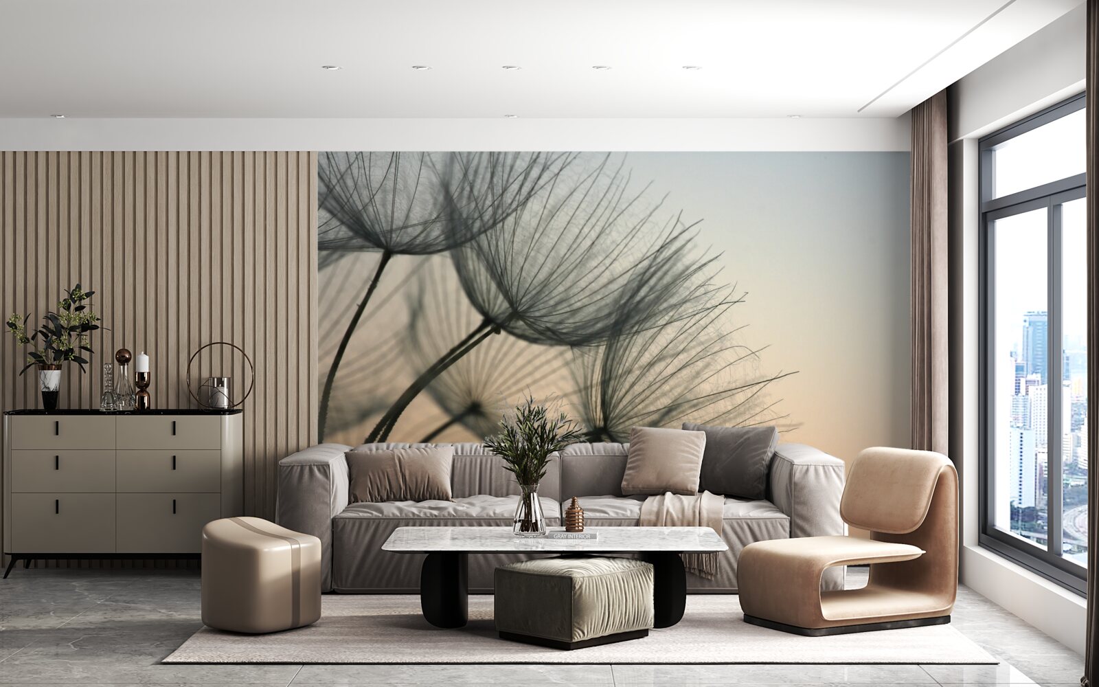 Fototapet apus de soare peste păpădii