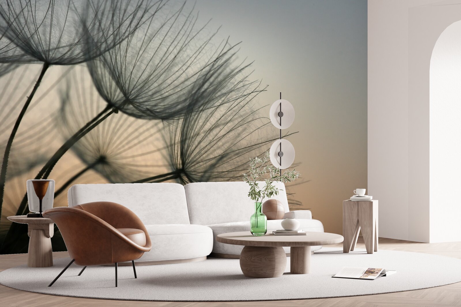 Fototapet apus de soare peste păpădii