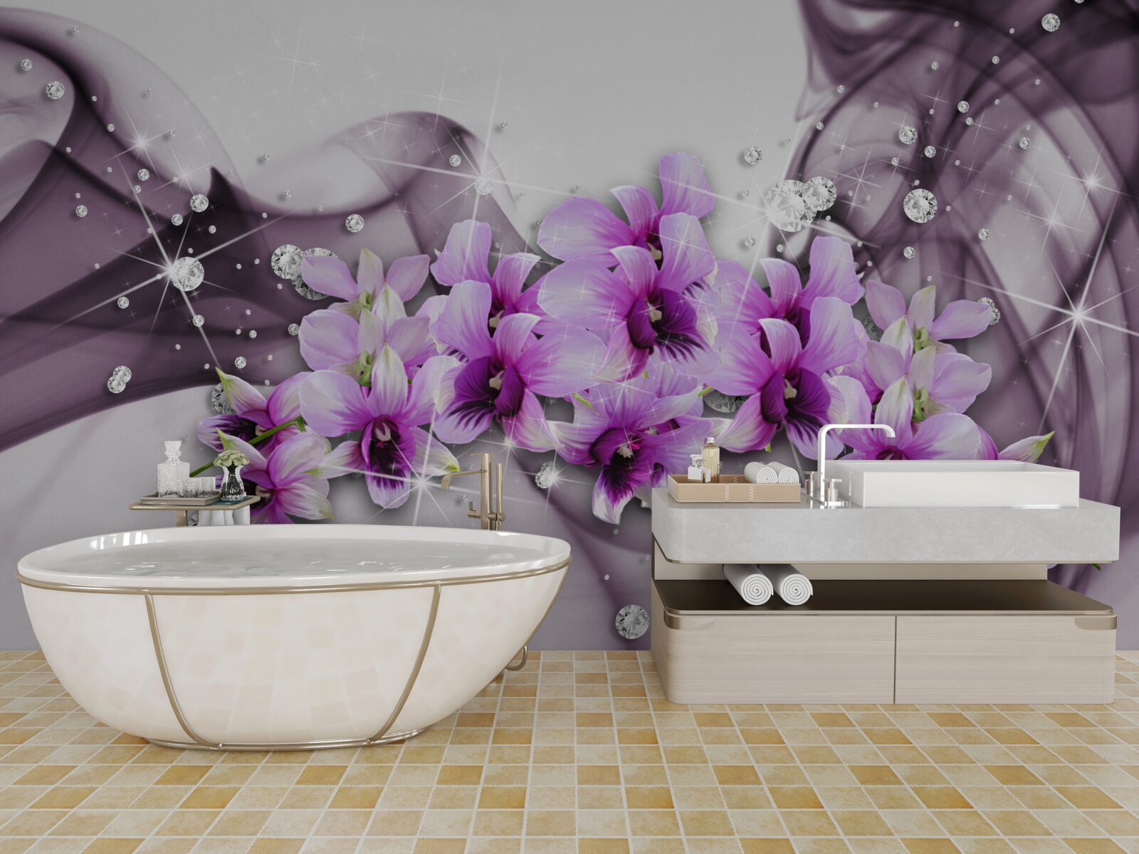 Fototapet zirconii și flori mov
