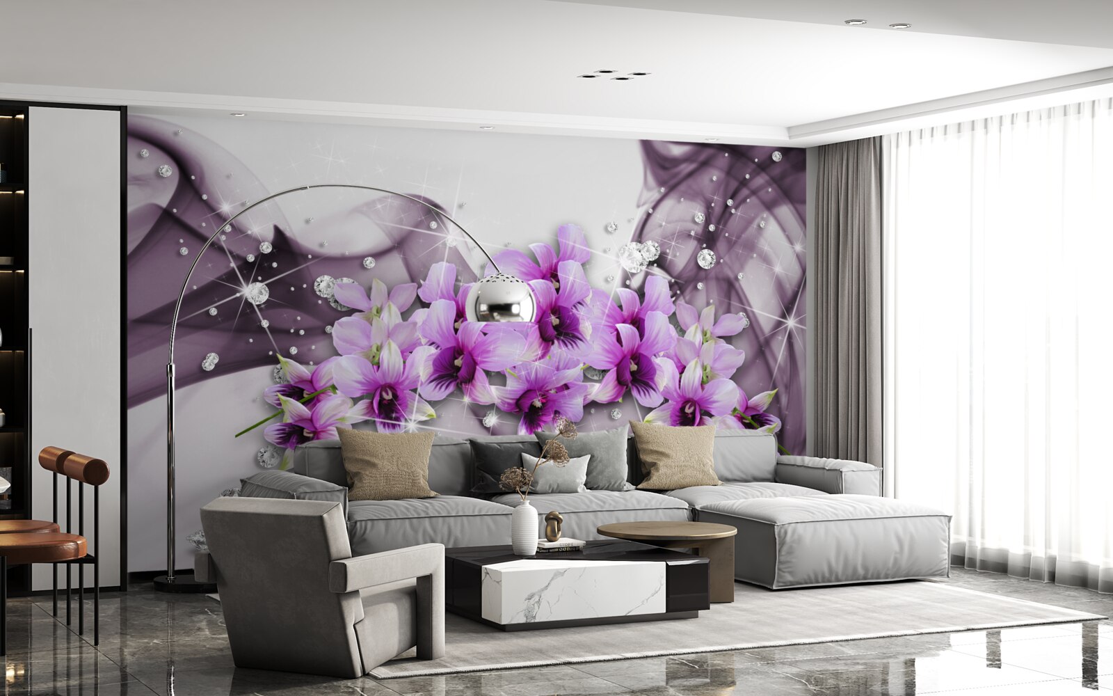 Fototapet zirconii și flori mov