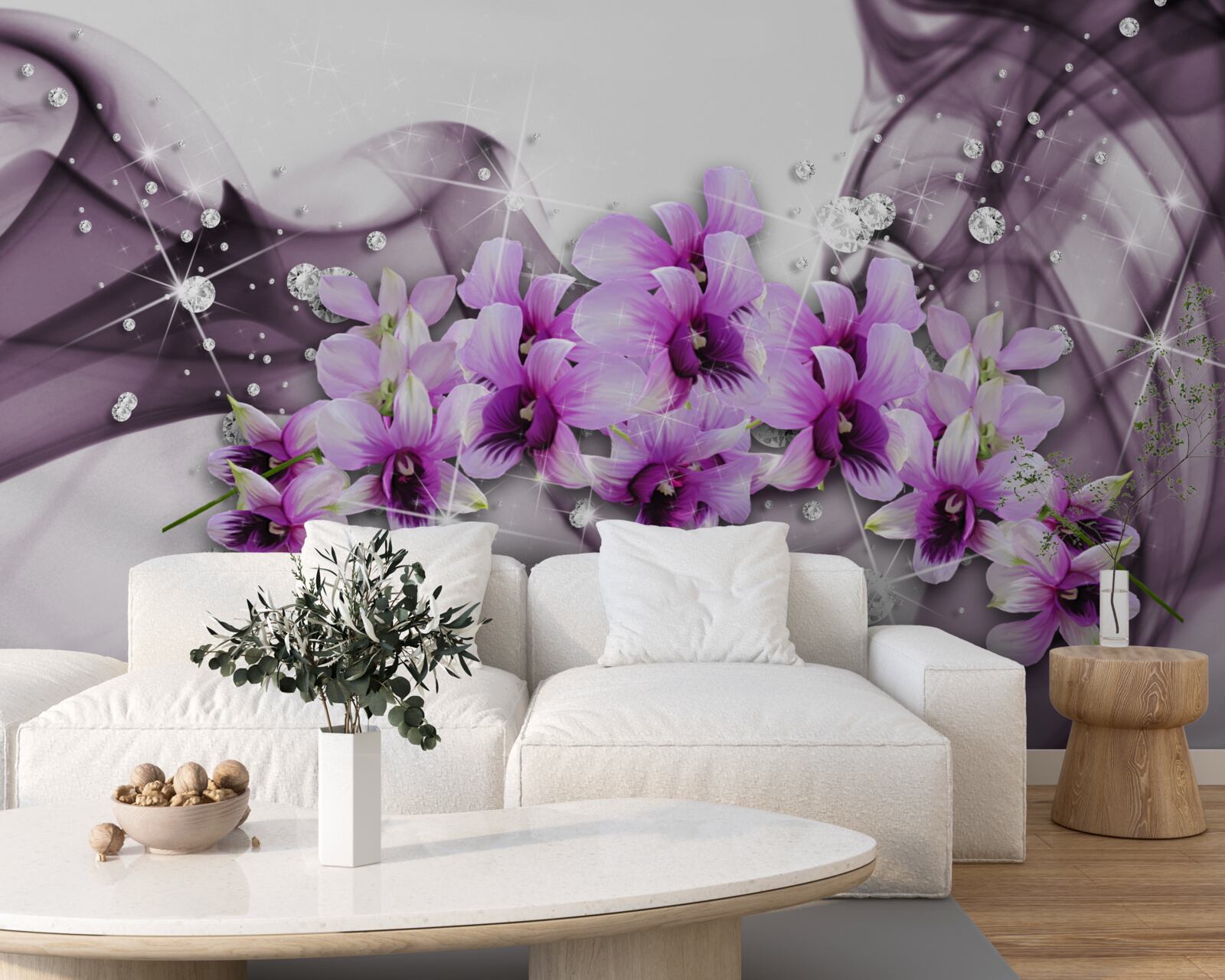 Fototapet zirconii și flori mov