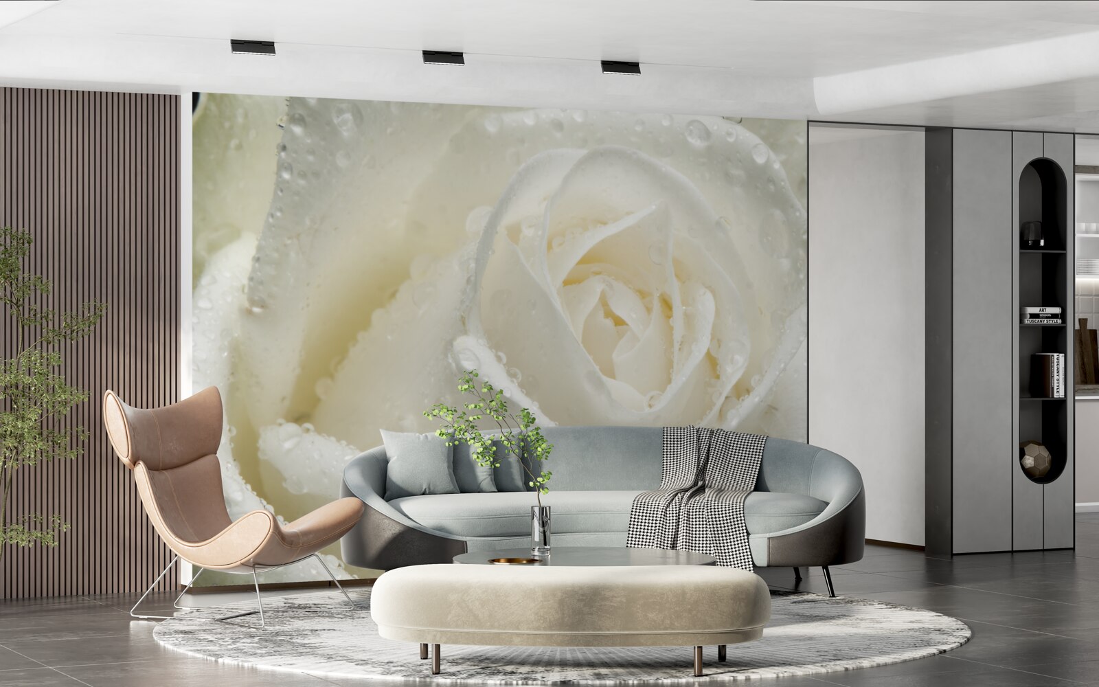 Fototapet trandafir alb acoperit de roua dimineții