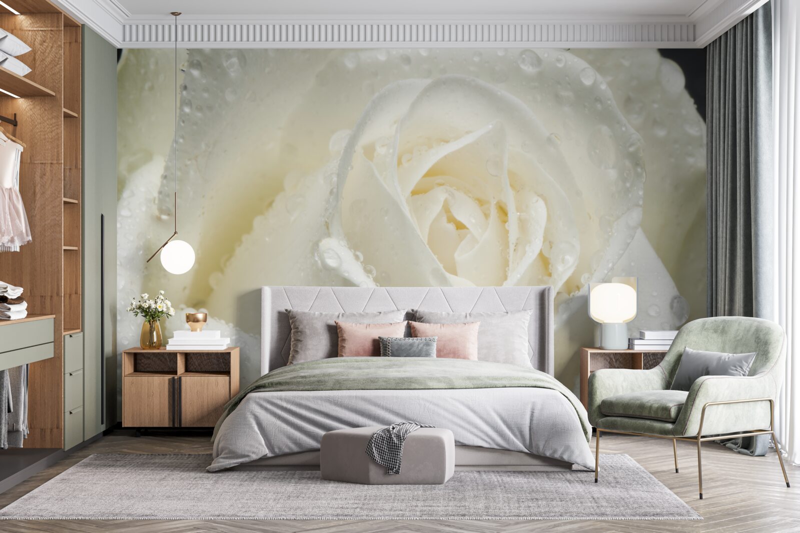 Fototapet trandafir alb acoperit de roua dimineții