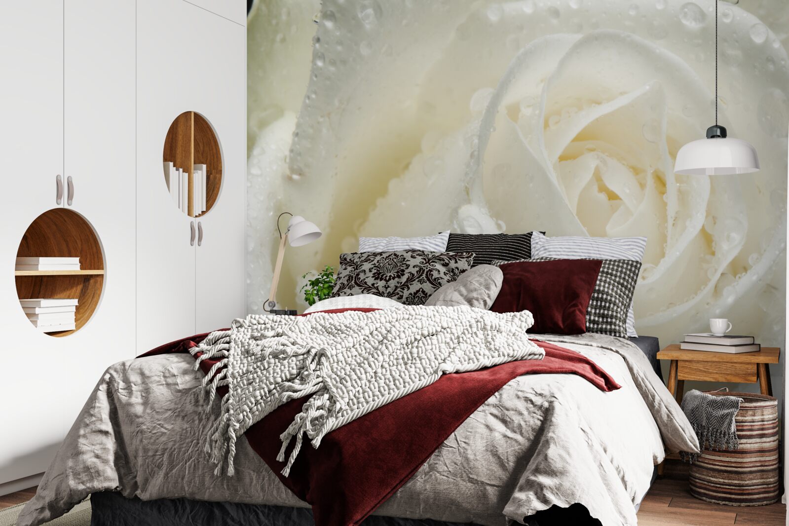 Fototapet trandafir alb acoperit de roua dimineții