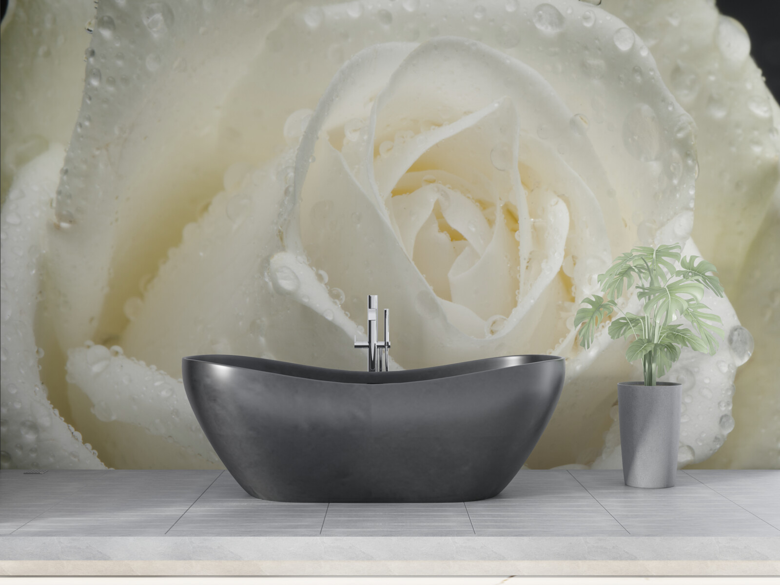 Fototapet trandafir alb acoperit de roua dimineții