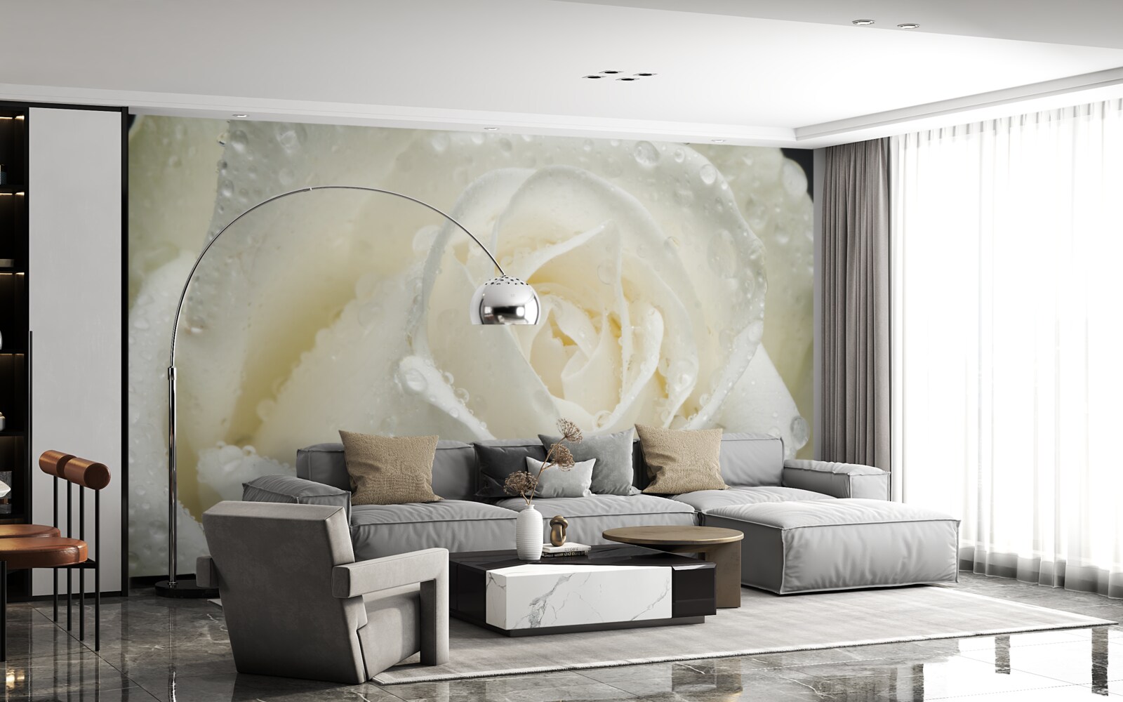 Fototapet trandafir alb acoperit de roua dimineții