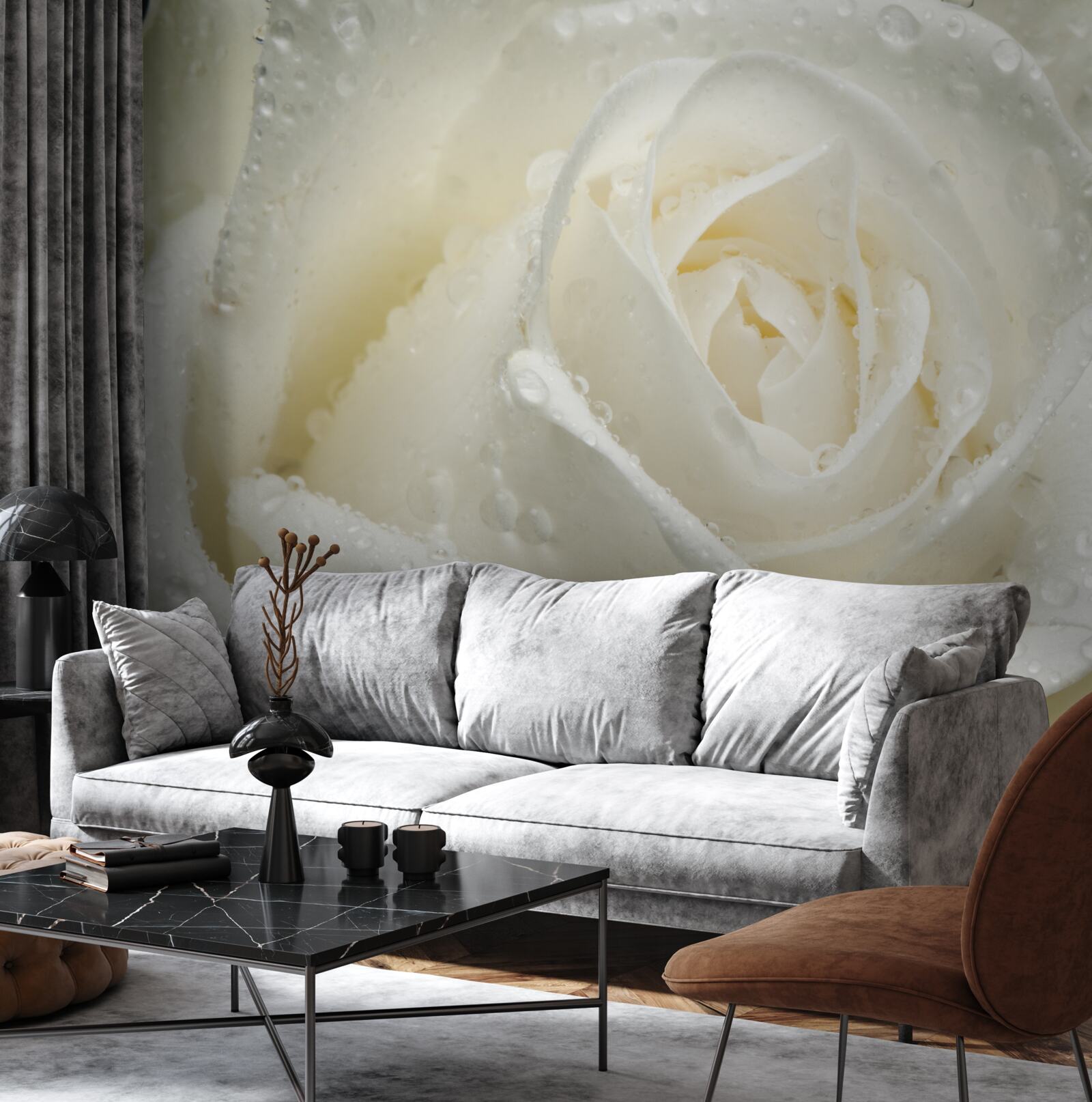 Fototapet trandafir alb acoperit de roua dimineții