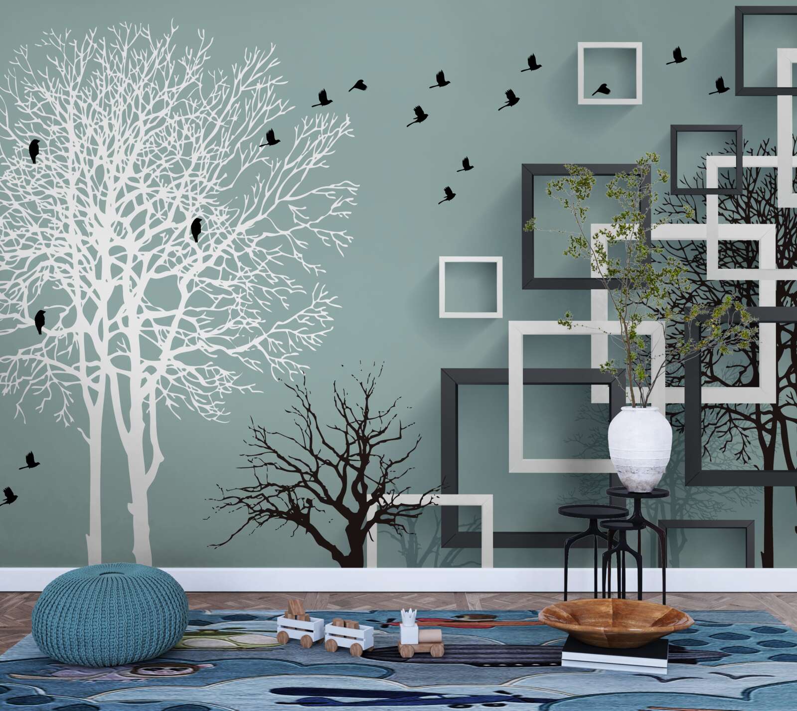 Fototapet copacii care au căzut în timpul iernii și păsările care au zburat spre climatele mai calde