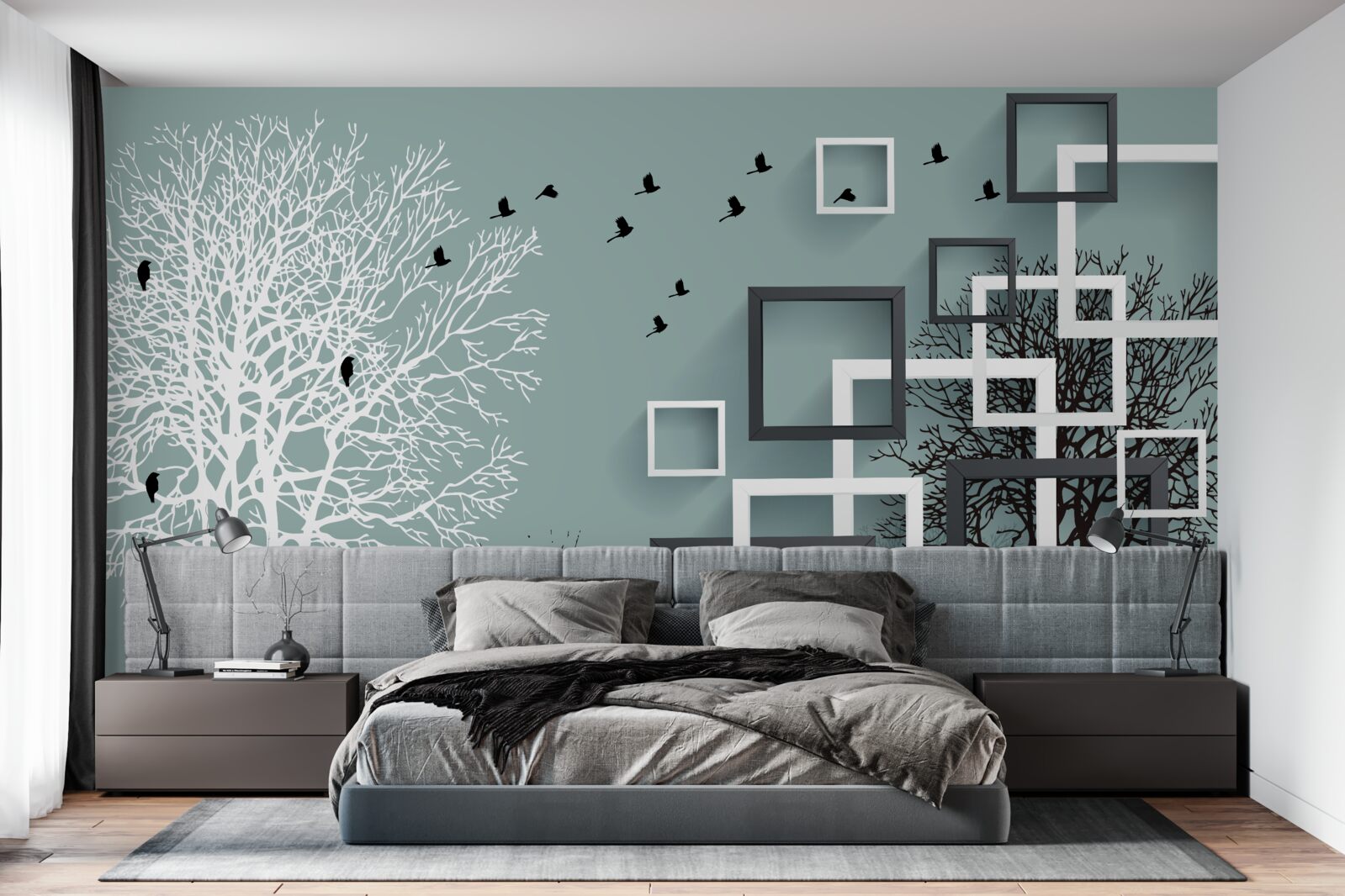 Fototapet copacii care au căzut în timpul iernii și păsările care au zburat spre climatele mai calde