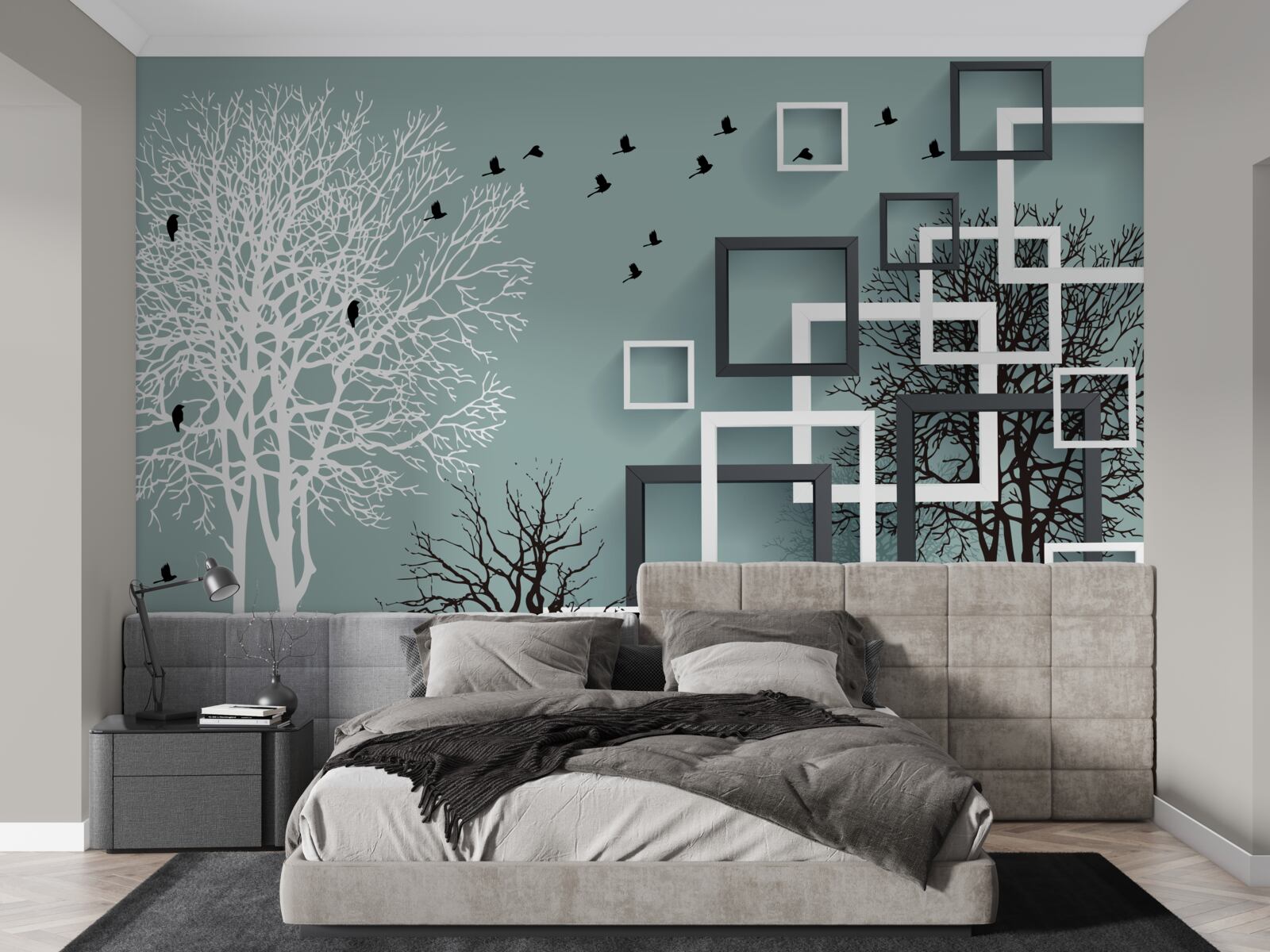 Fototapet copacii care au căzut în timpul iernii și păsările care au zburat spre climatele mai calde