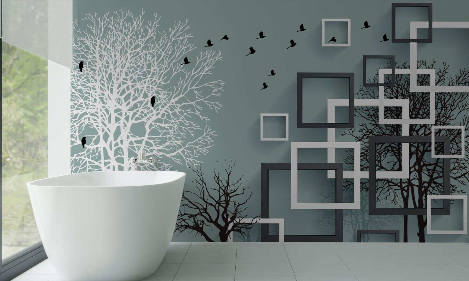 Fototapet copacii care au căzut în timpul iernii și păsările care au zburat spre climatele mai calde