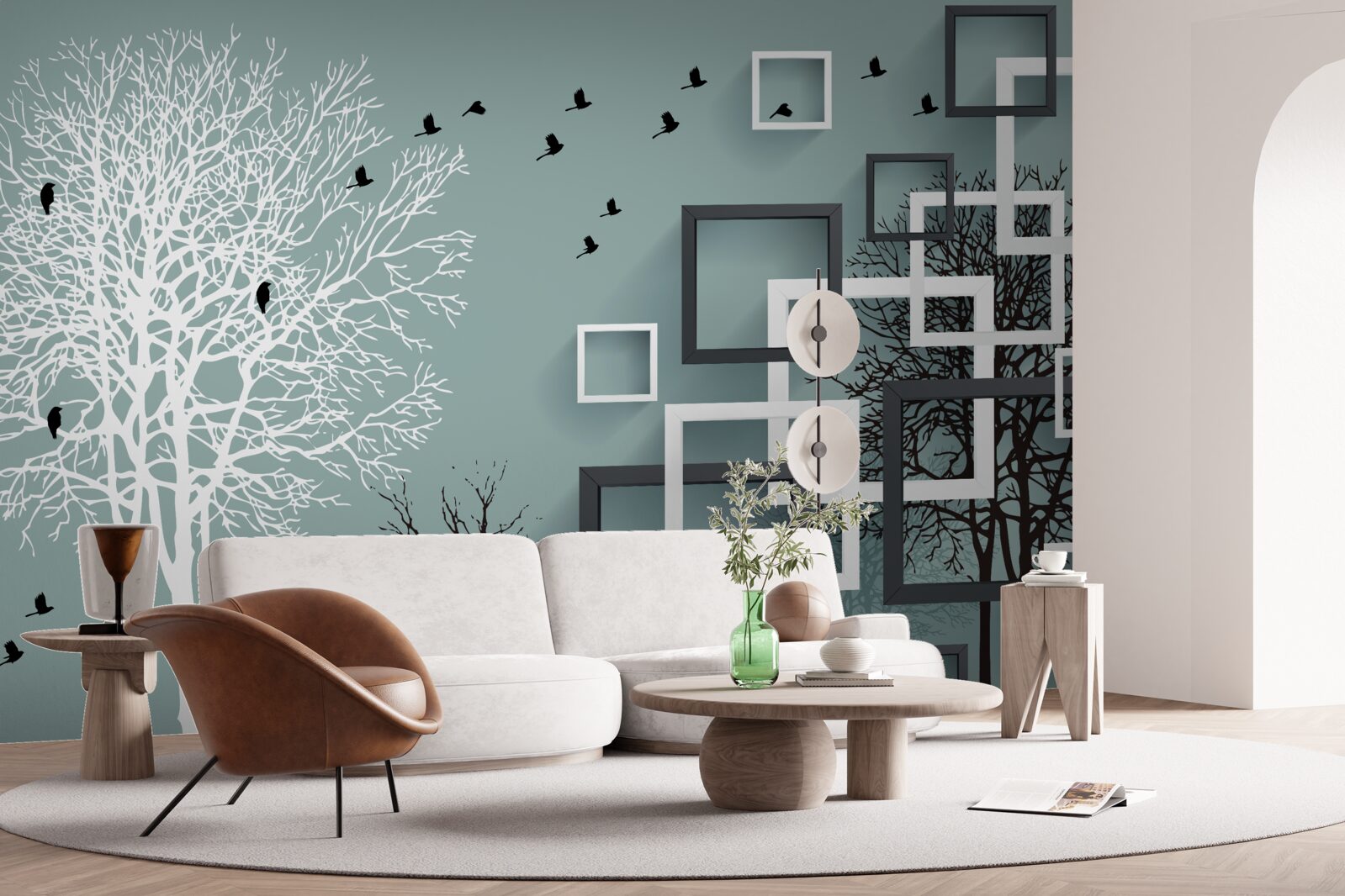 Fototapet copacii care au căzut în timpul iernii și păsările care au zburat spre climatele mai calde