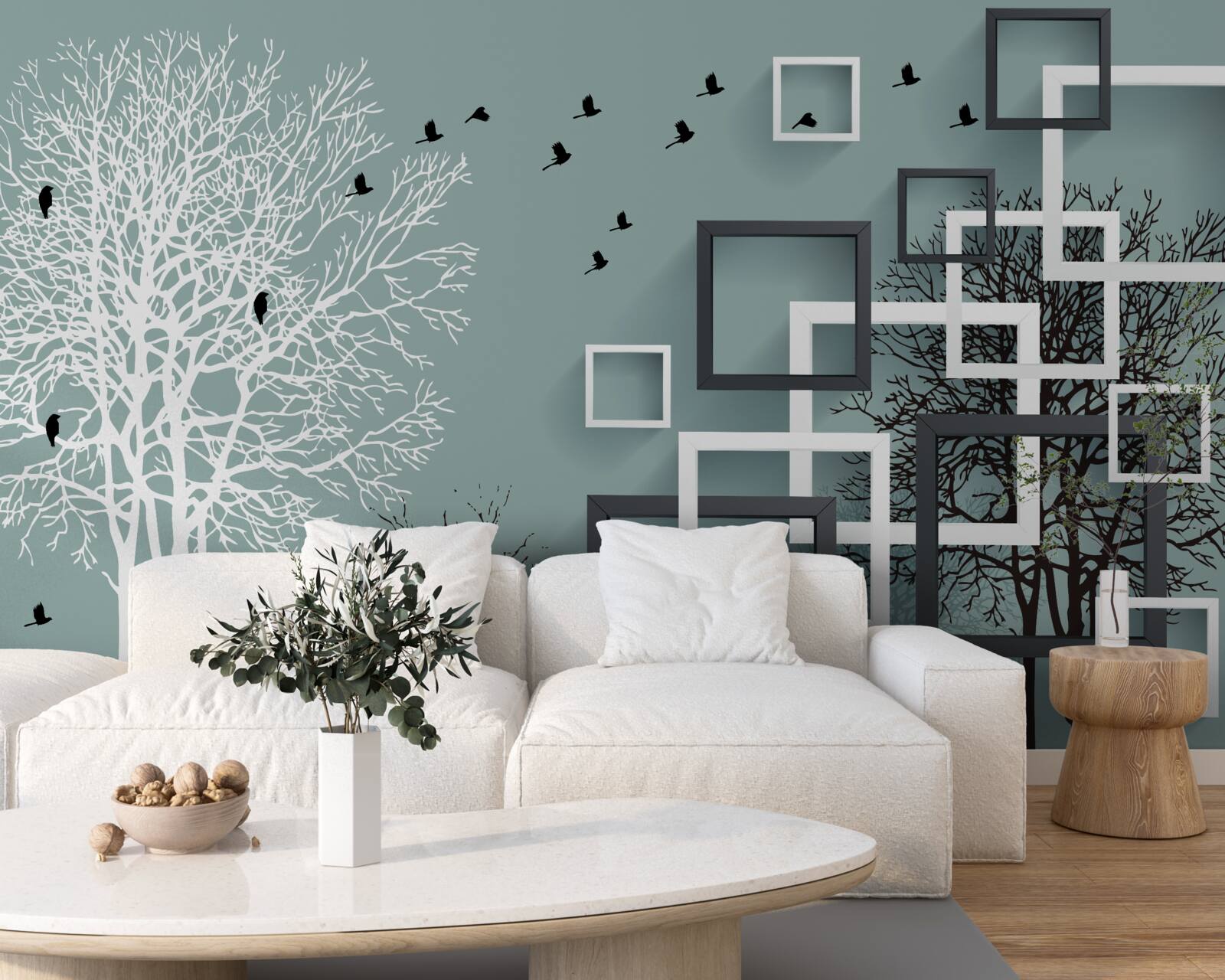 Fototapet copacii care au căzut în timpul iernii și păsările care au zburat spre climatele mai calde