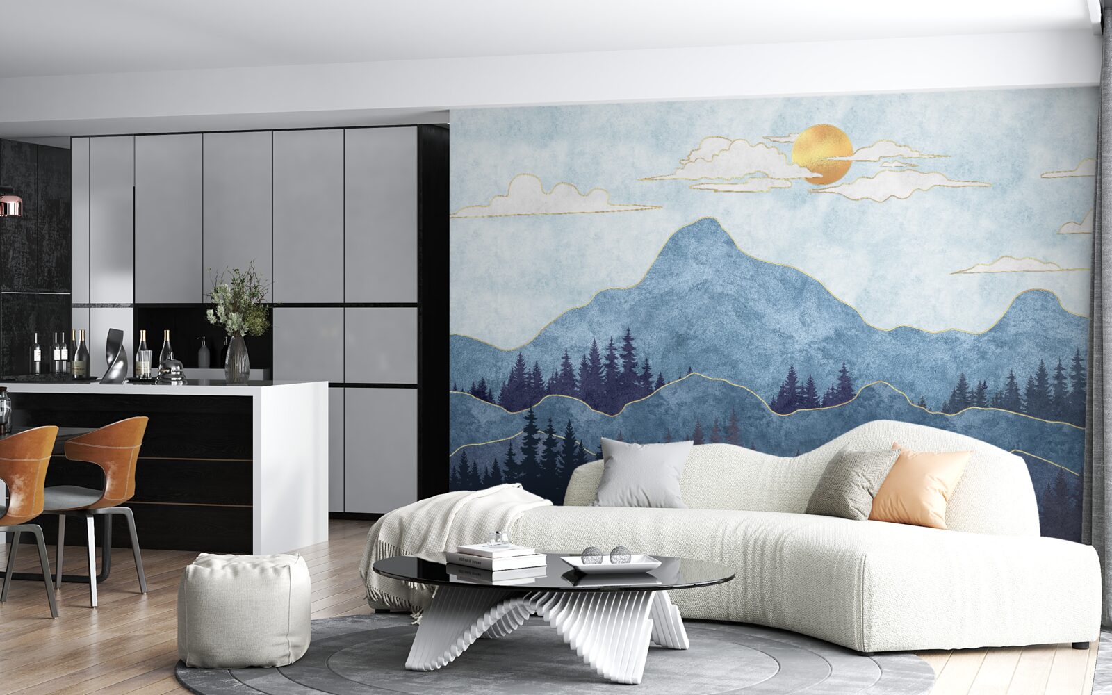 Fototapet munți de iarnă sub un soare rece