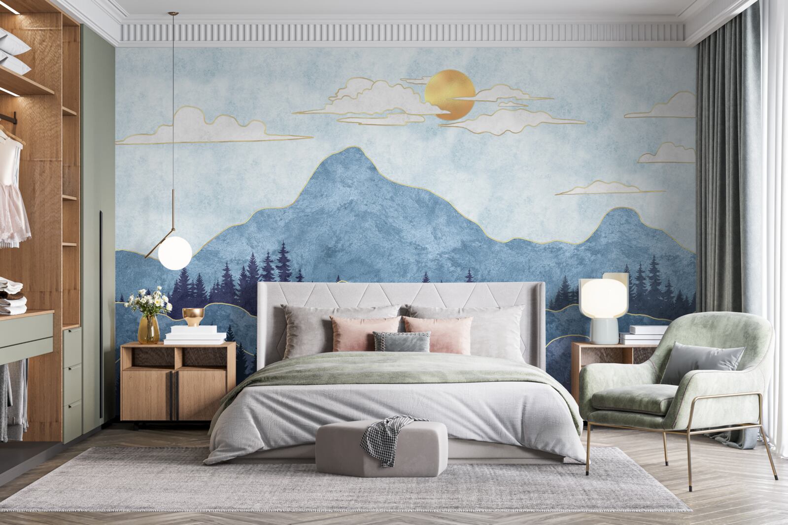 Fototapet munți de iarnă sub un soare rece