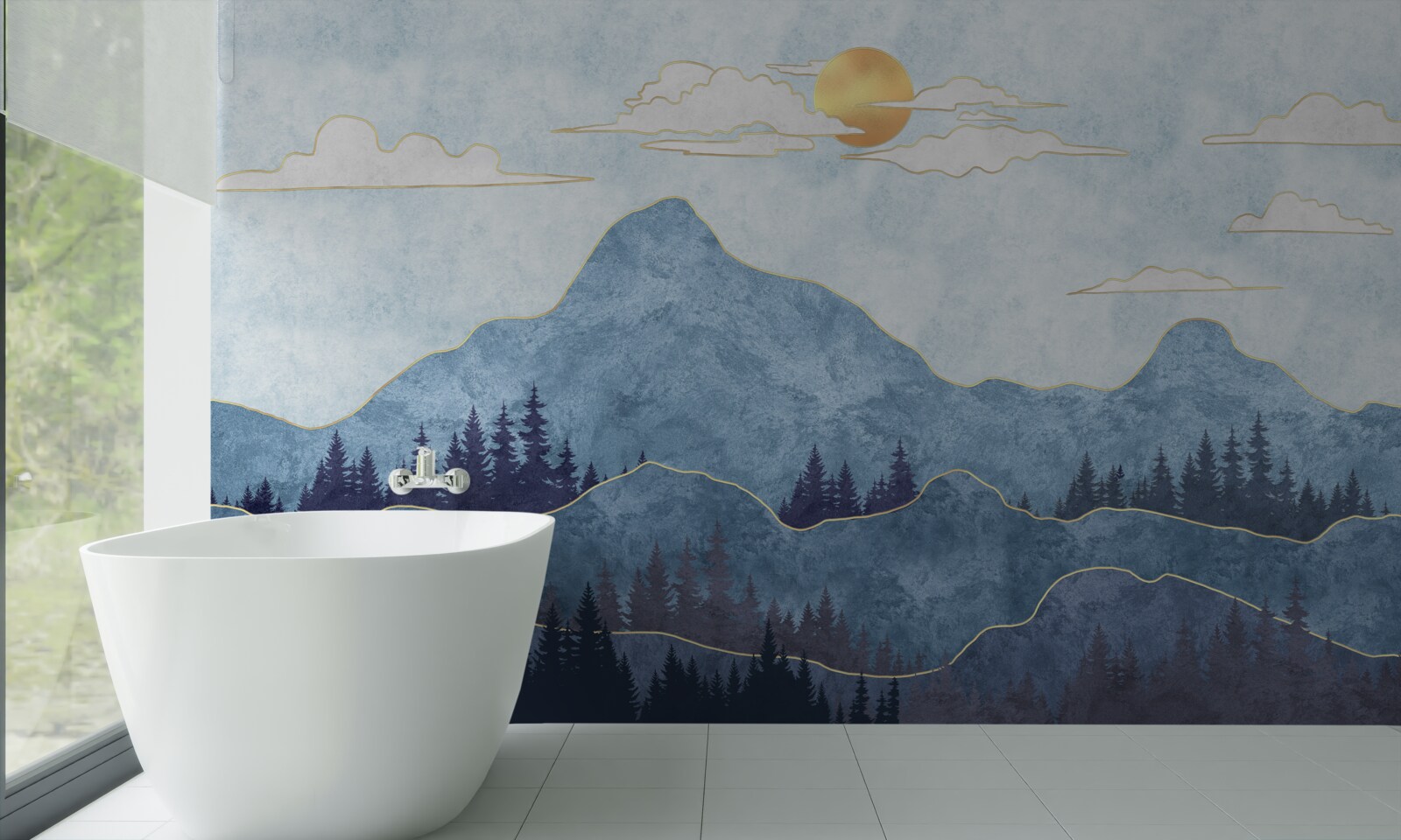 Fototapet munți de iarnă sub un soare rece