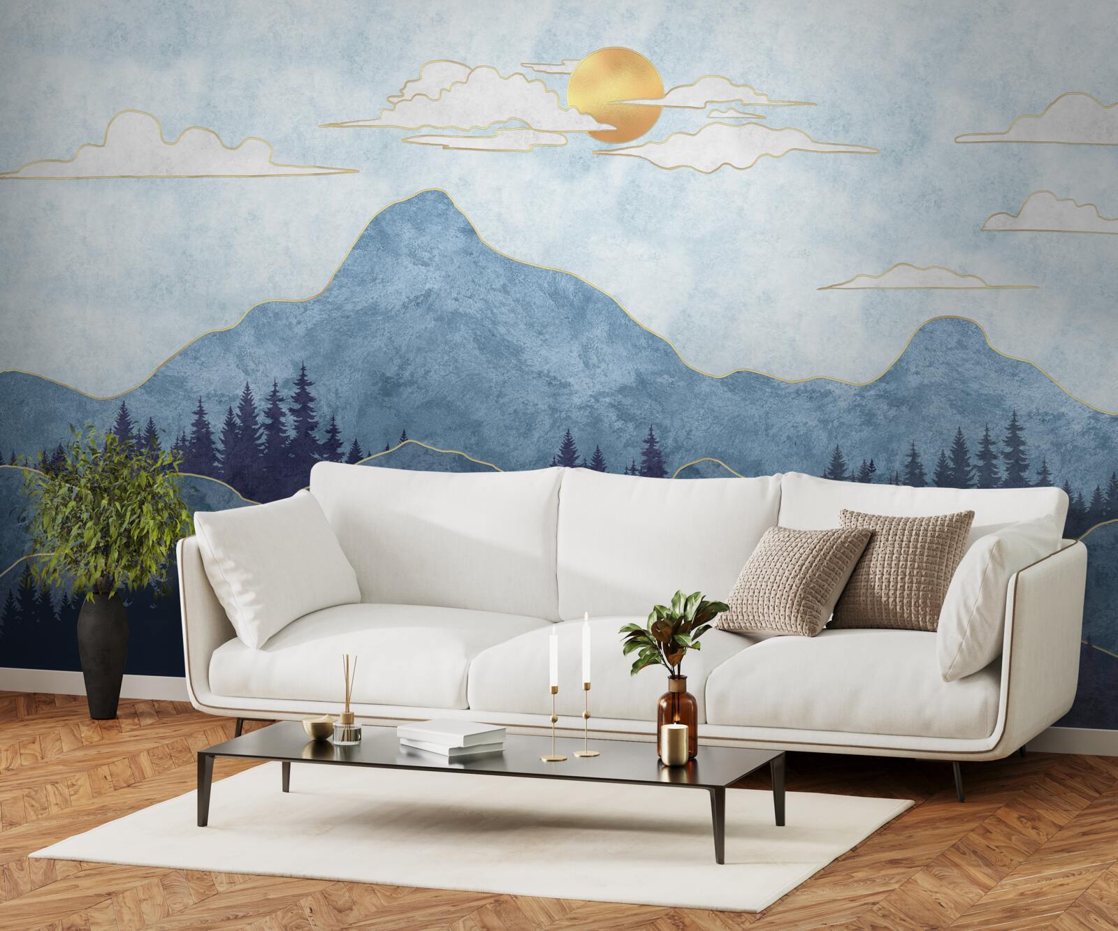 Fototapet munți de iarnă sub un soare rece