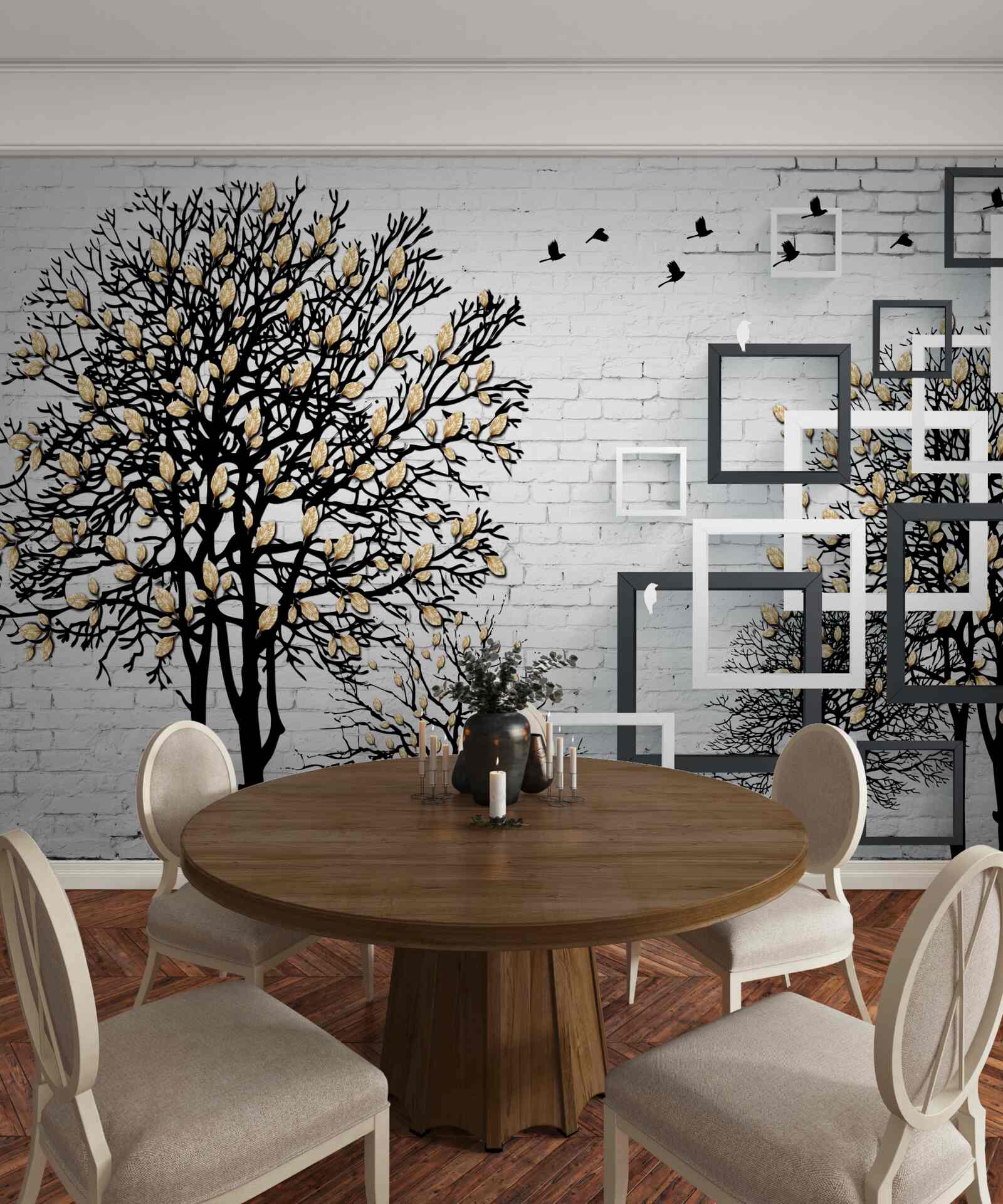 Fototapet păsările zboară departe de un copac care și-a pierdut frunzele