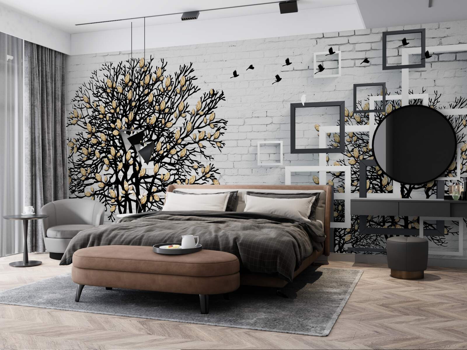 Fototapet păsările zboară departe de un copac care și-a pierdut frunzele