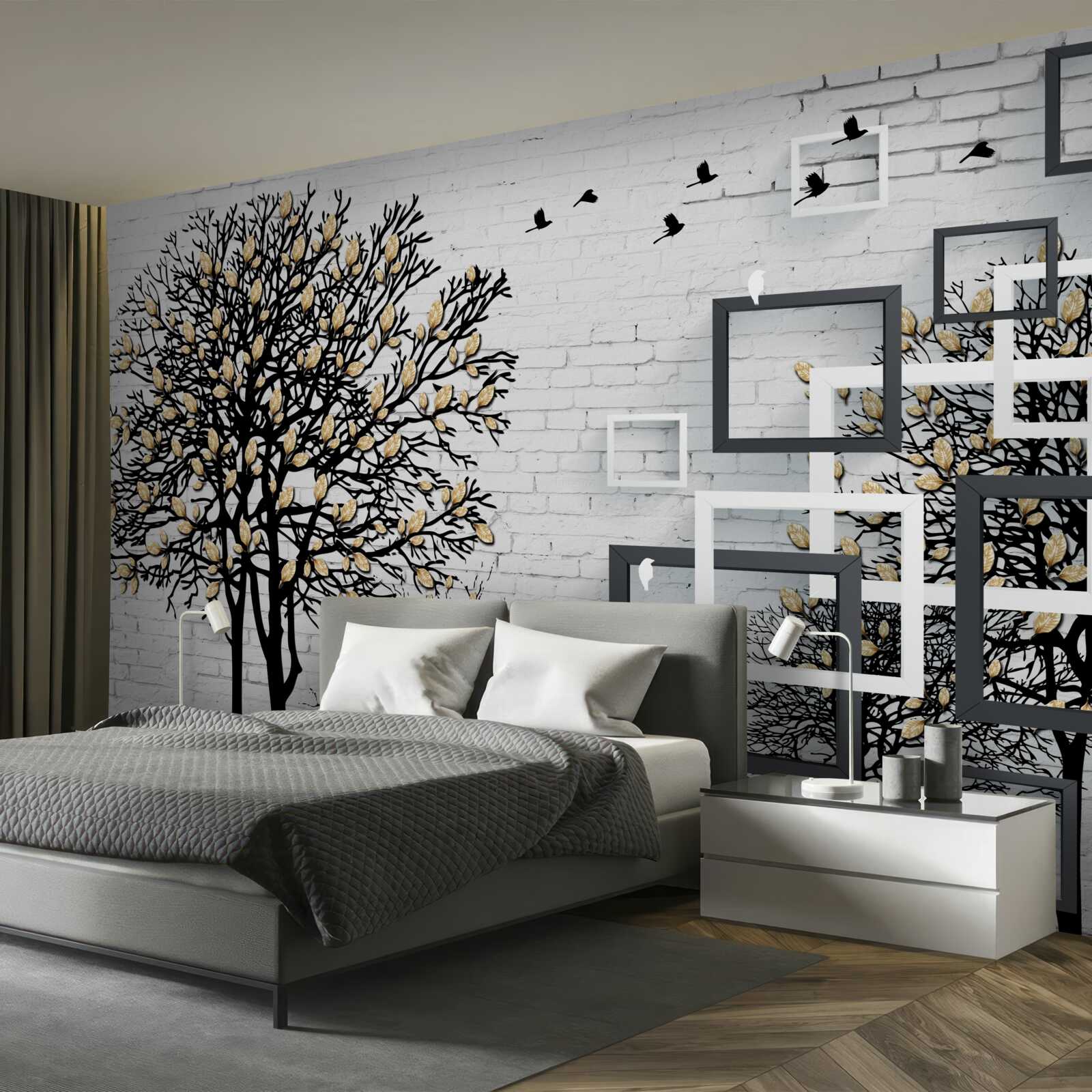 Fototapet păsările zboară departe de un copac care și-a pierdut frunzele