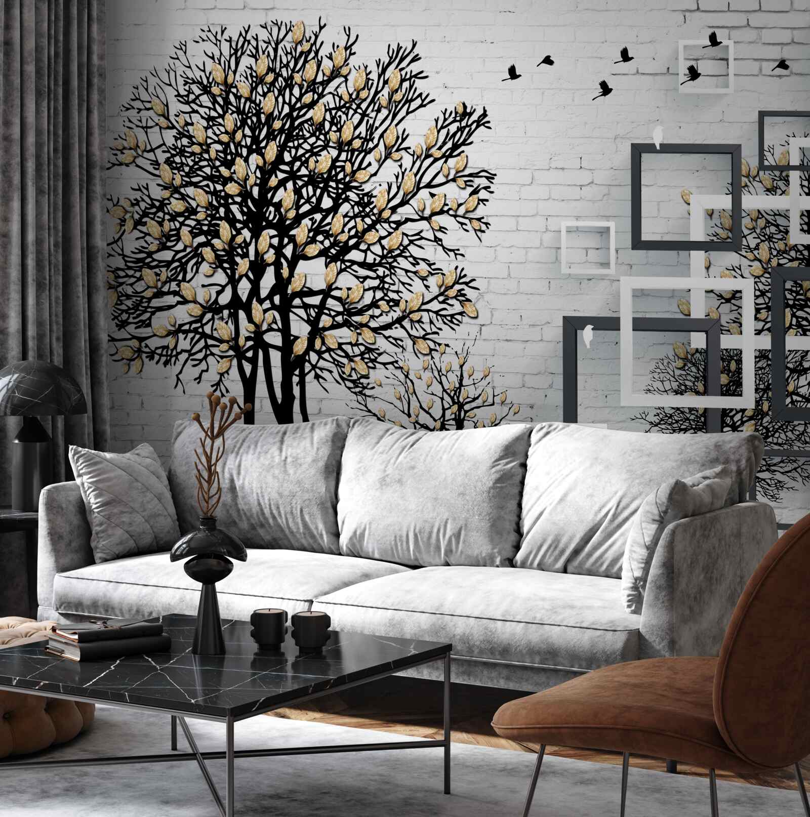 Fototapet păsările zboară departe de un copac care și-a pierdut frunzele