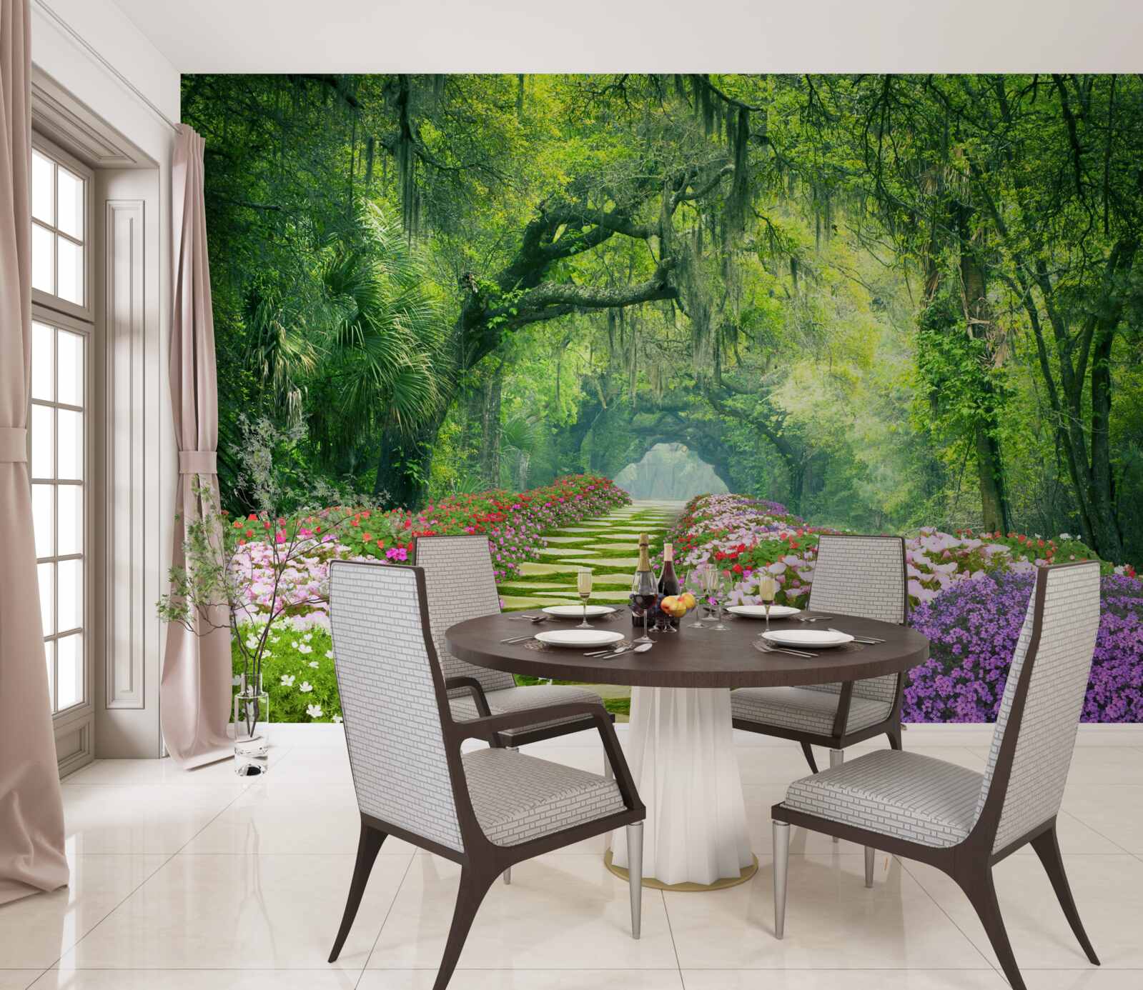 Fototapet O cărare înconjurată de flori care duce la un tufiș verde de pădure