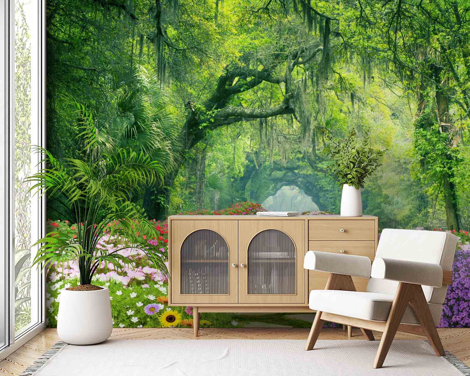 Fototapet O cărare înconjurată de flori care duce la un tufiș verde de pădure