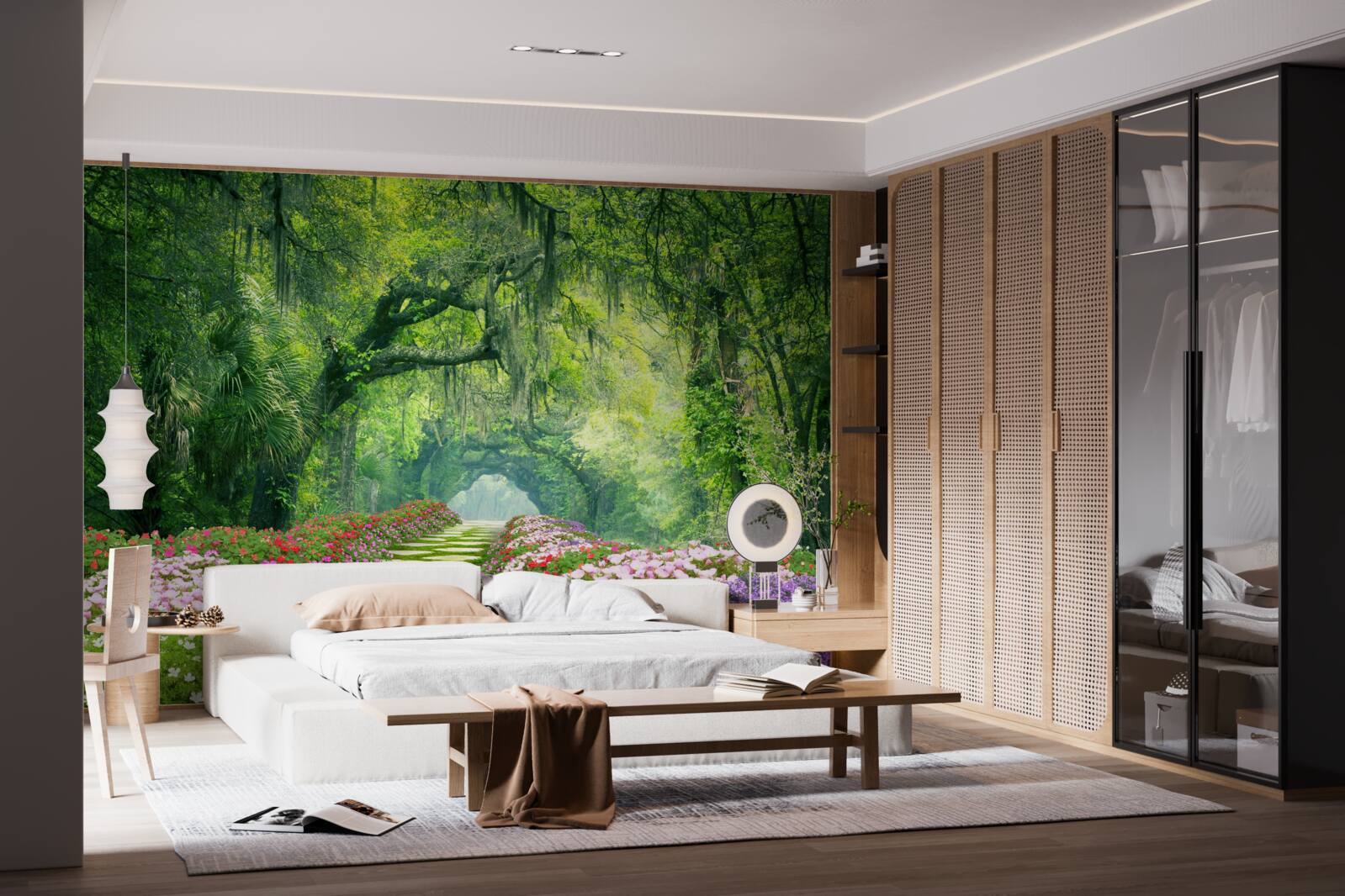 Fototapet O cărare înconjurată de flori care duce la un tufiș verde de pădure