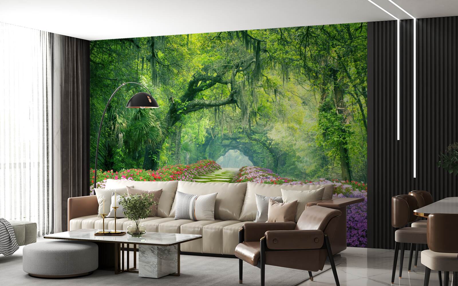 Fototapet O cărare înconjurată de flori care duce la un tufiș verde de pădure