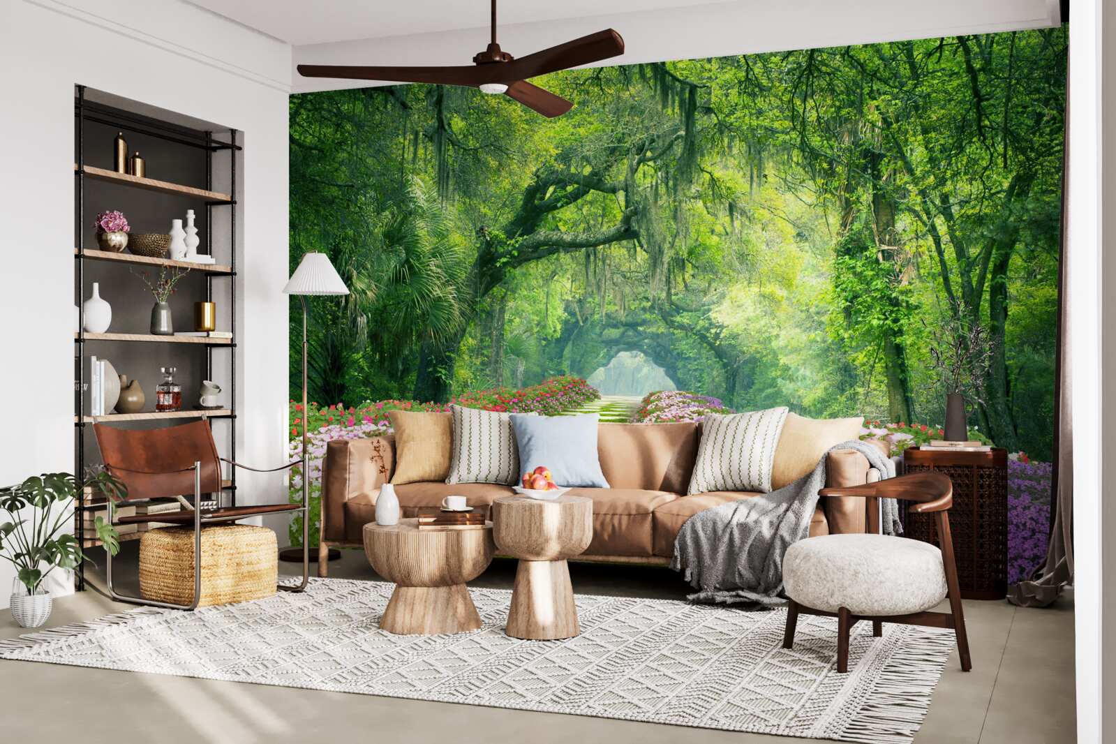 Fototapet O cărare înconjurată de flori care duce la un tufiș verde de pădure