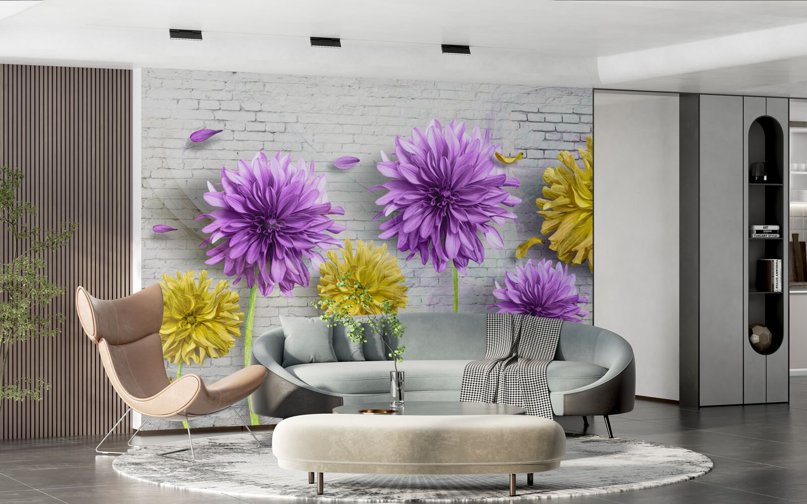 Fototapet flori în nuanțe de violet și galben înfloresc pe un perete de cărămidă
