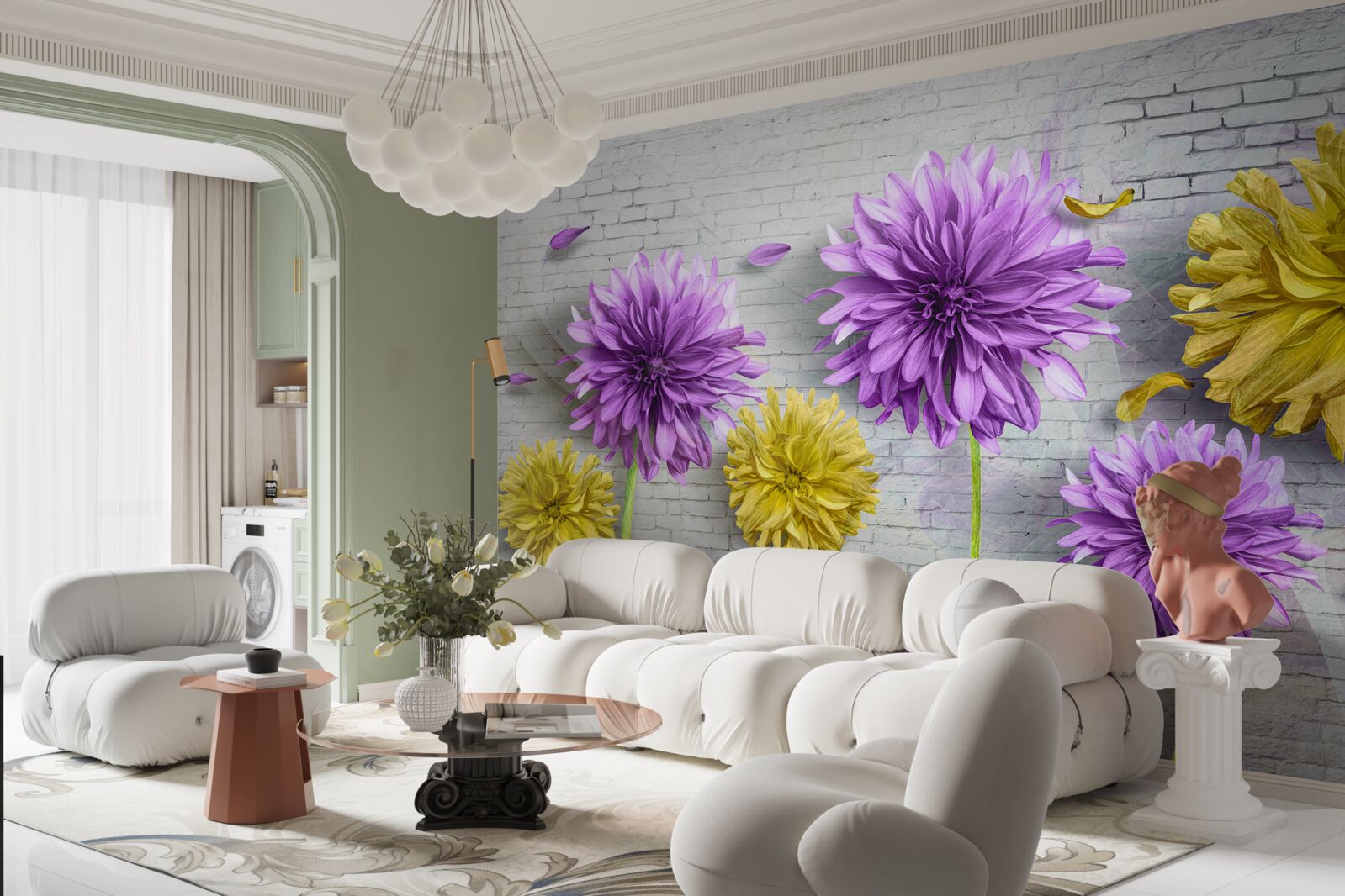 Fototapet flori în nuanțe de violet și galben înfloresc pe un perete de cărămidă