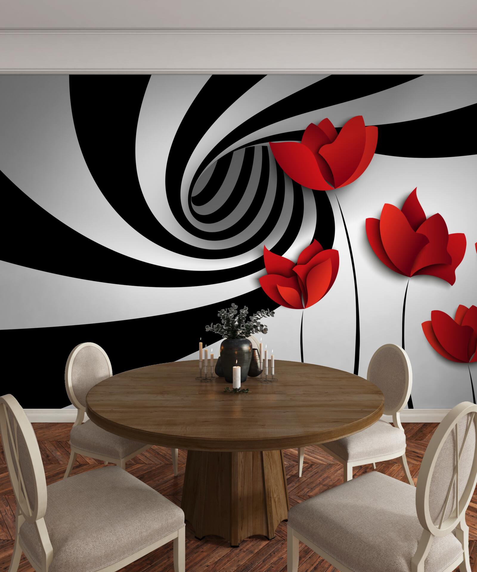 Fototapet un tunel în alb și negru și un luminiș de maci cărămiziu