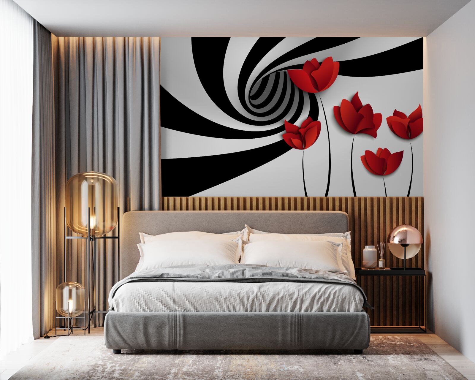 Fototapet un tunel în alb și negru și un luminiș de maci cărămiziu