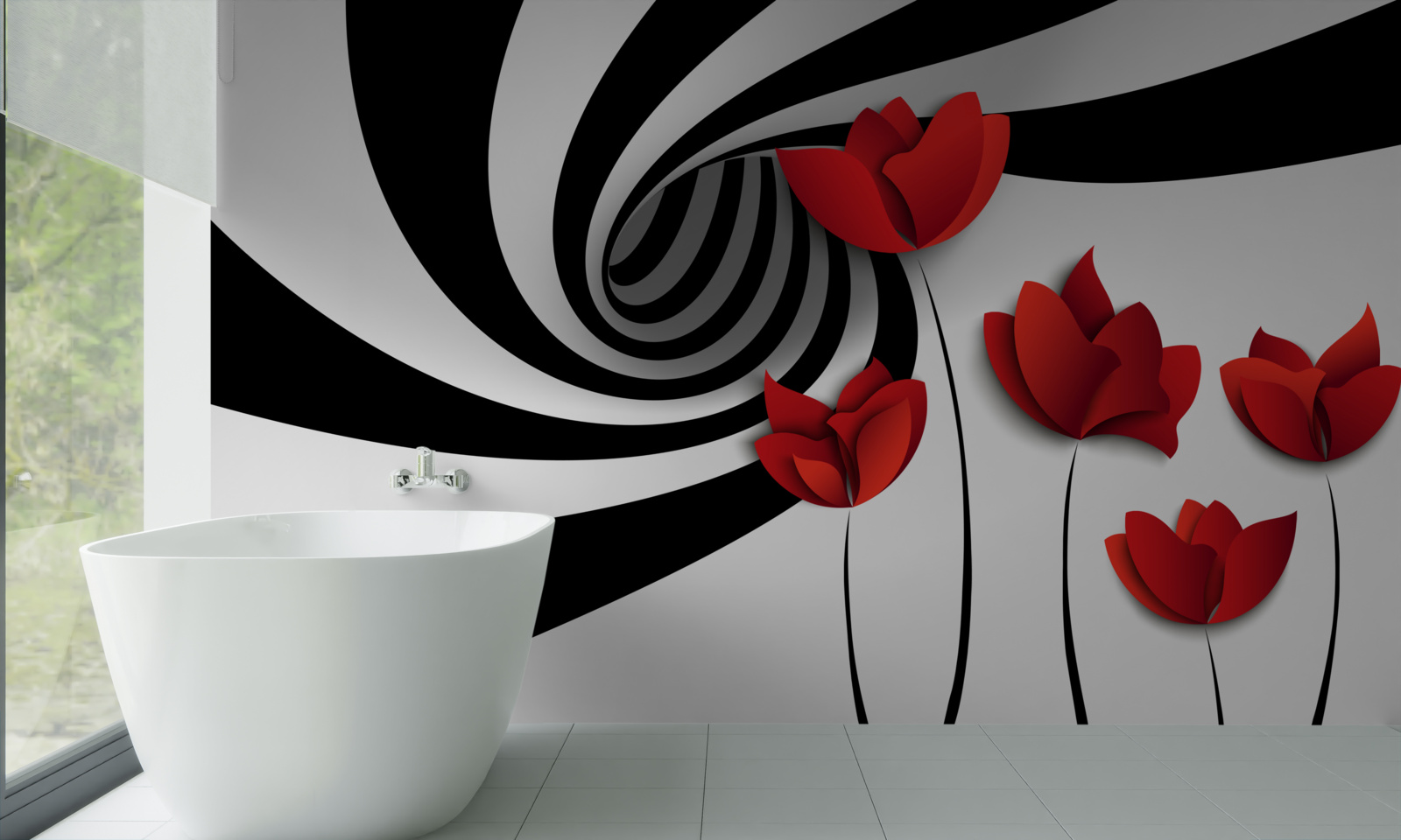 Fototapet un tunel în alb și negru și un luminiș de maci cărămiziu