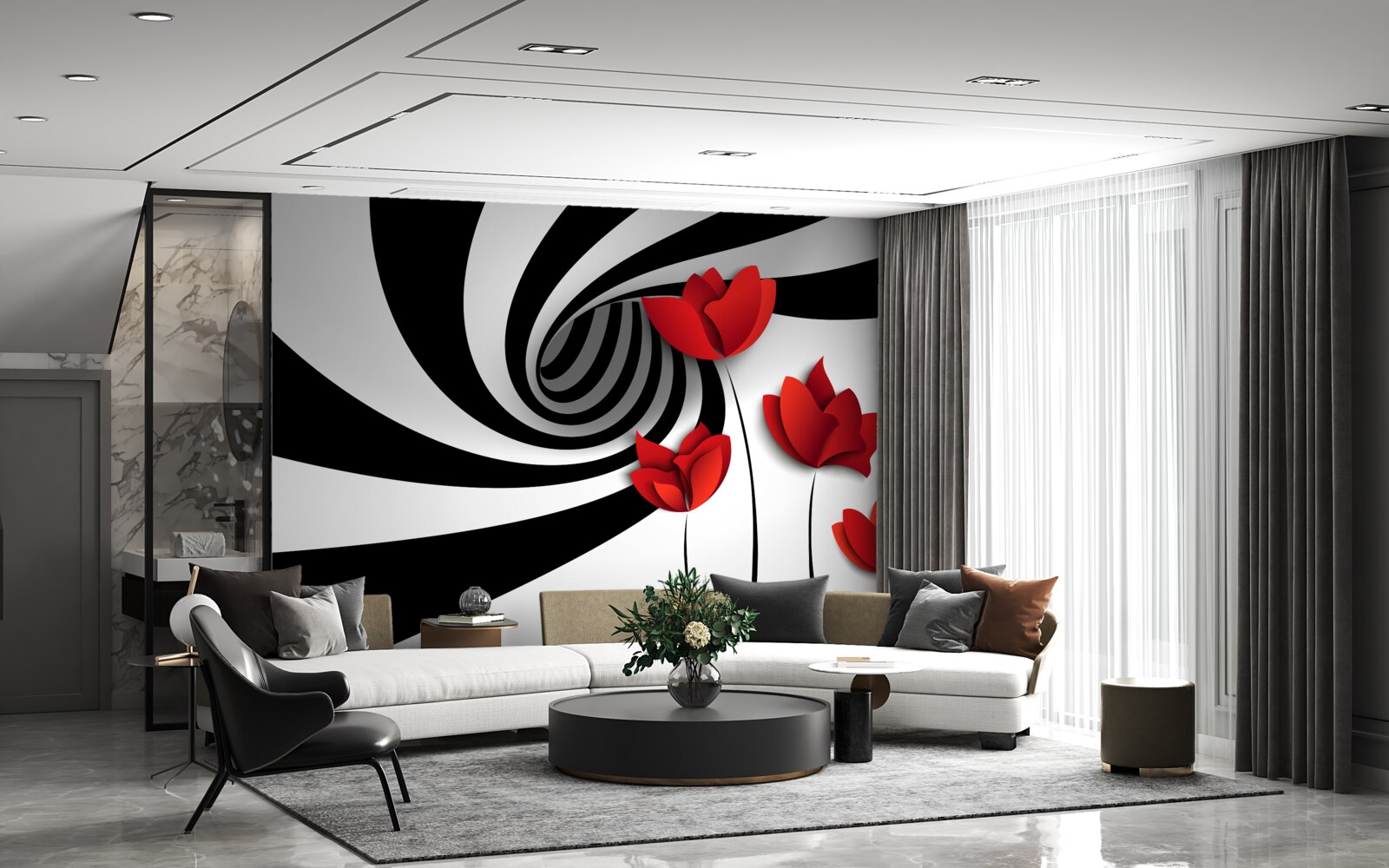 Fototapet un tunel în alb și negru și un luminiș de maci cărămiziu