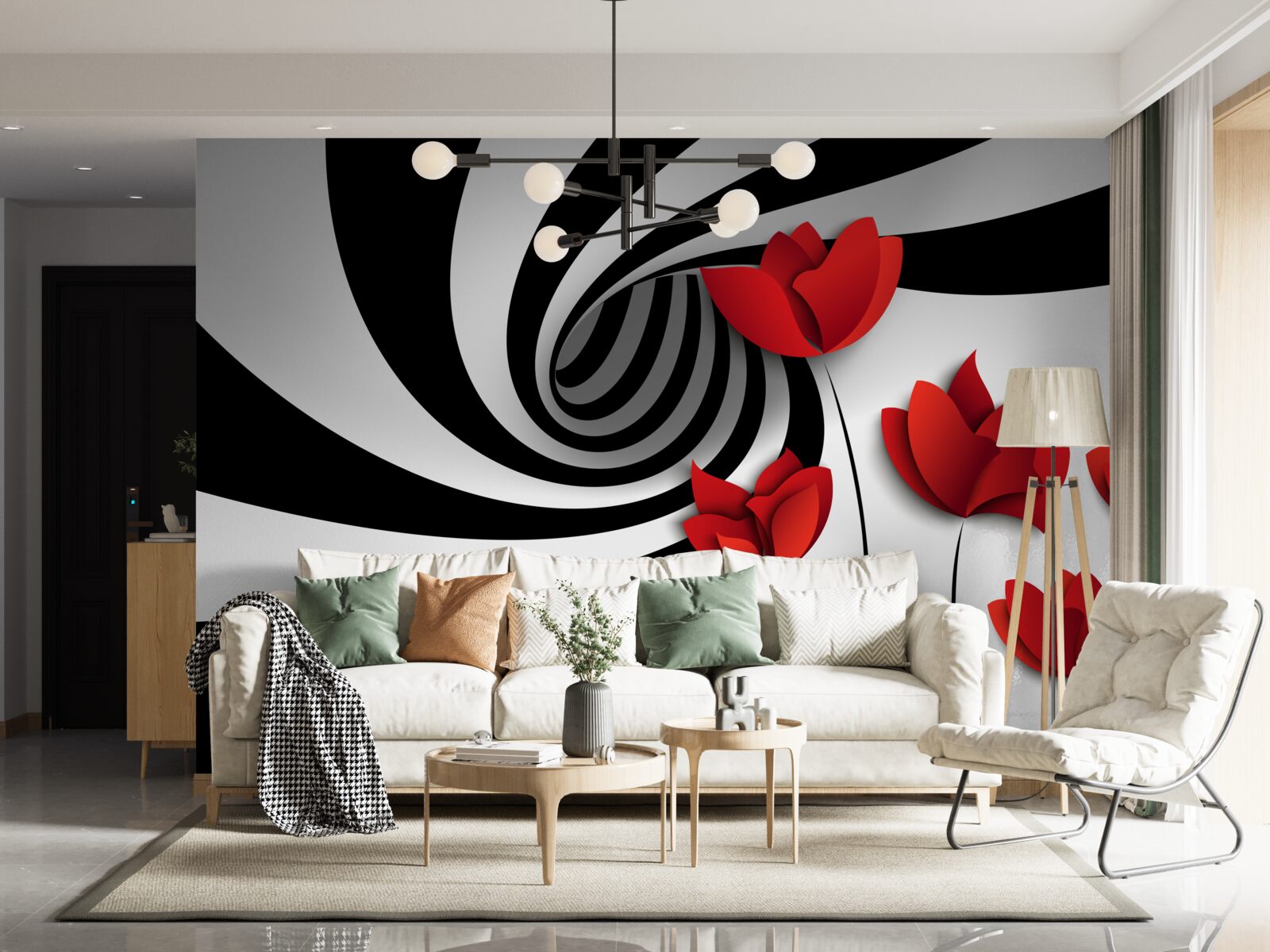 Fototapet un tunel în alb și negru și un luminiș de maci cărămiziu