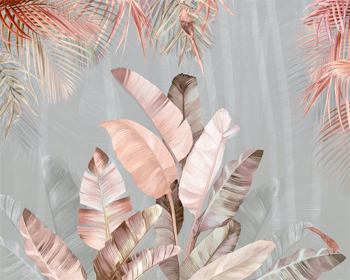 Fototapet frunze tropicale cu o nuanță roz delicată