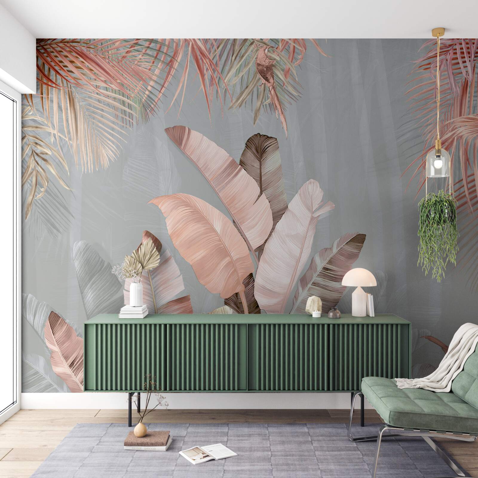 Fototapet frunze tropicale cu o nuanță roz delicată