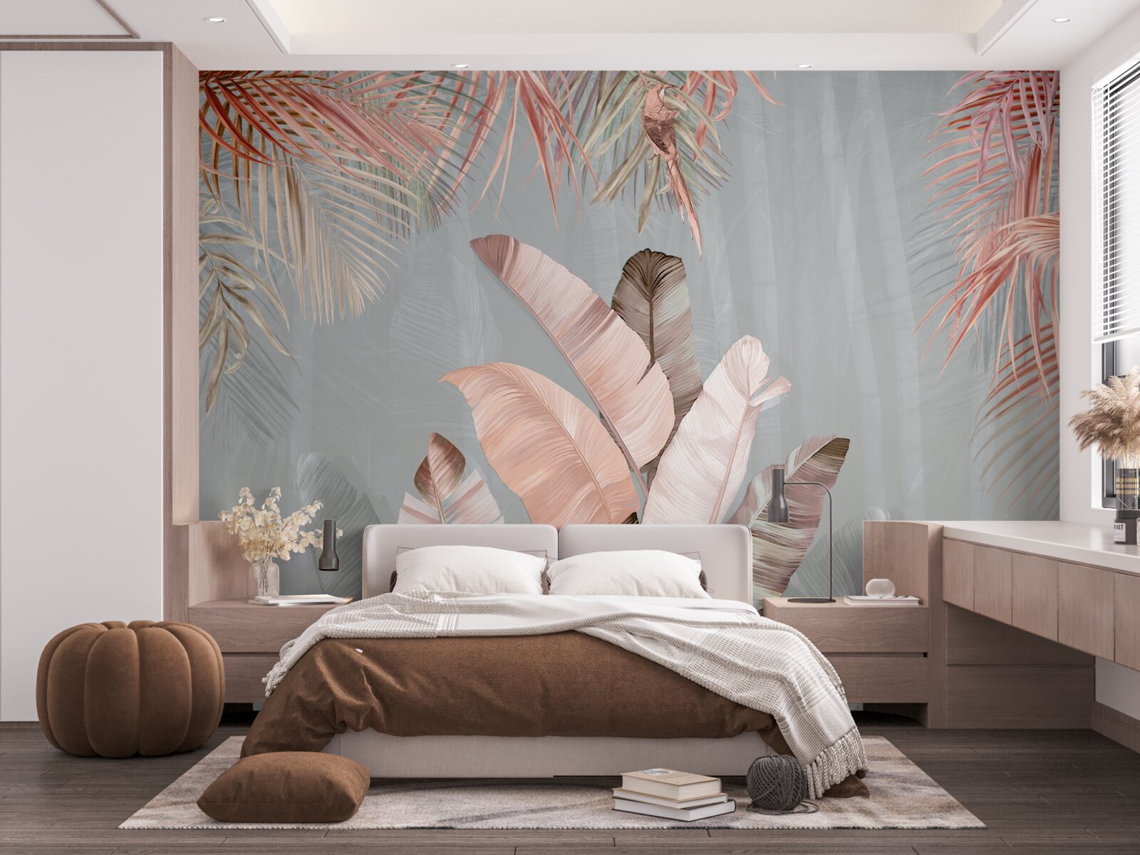 Fototapet frunze tropicale cu o nuanță roz delicată