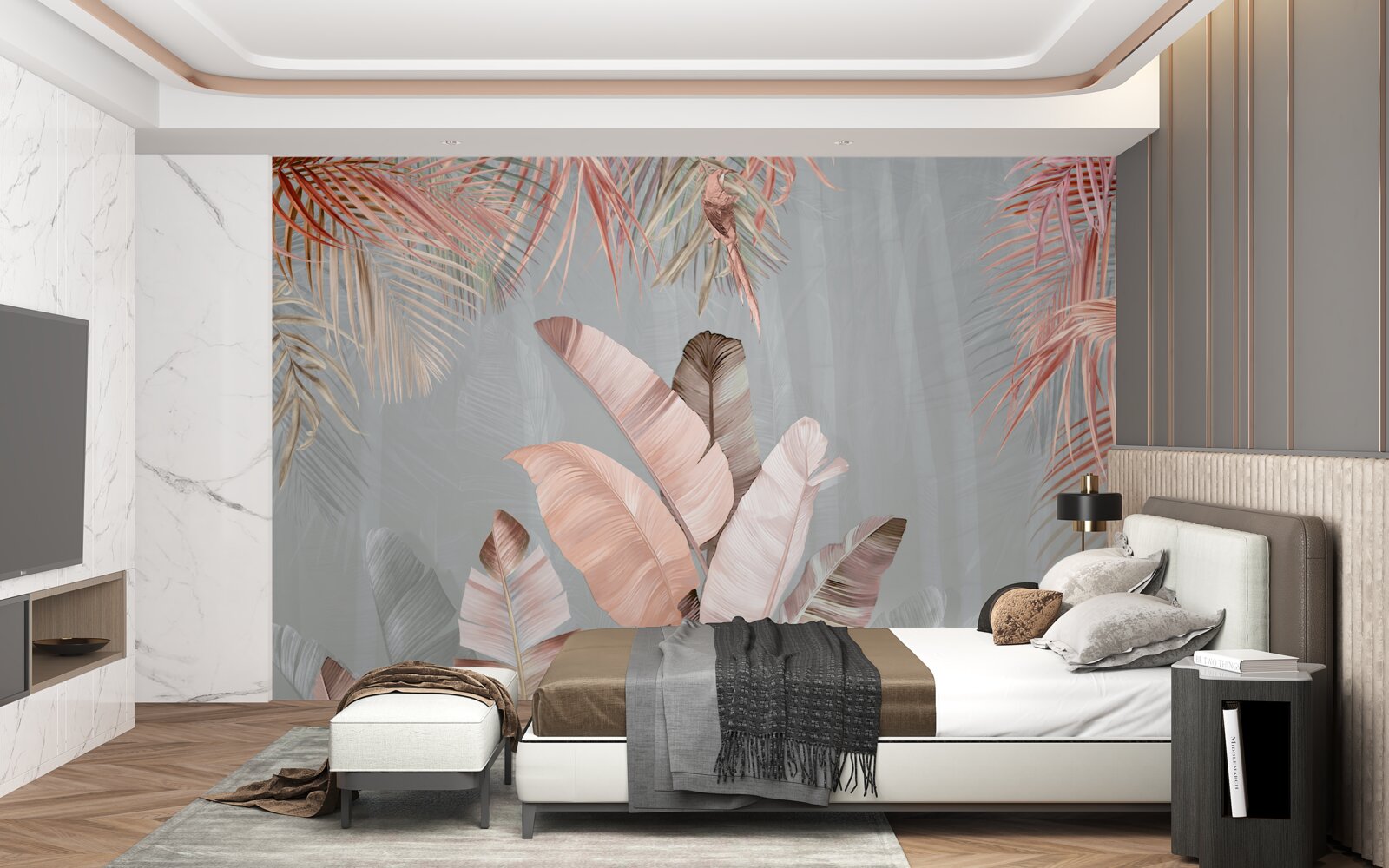 Fototapet frunze tropicale cu o nuanță roz delicată